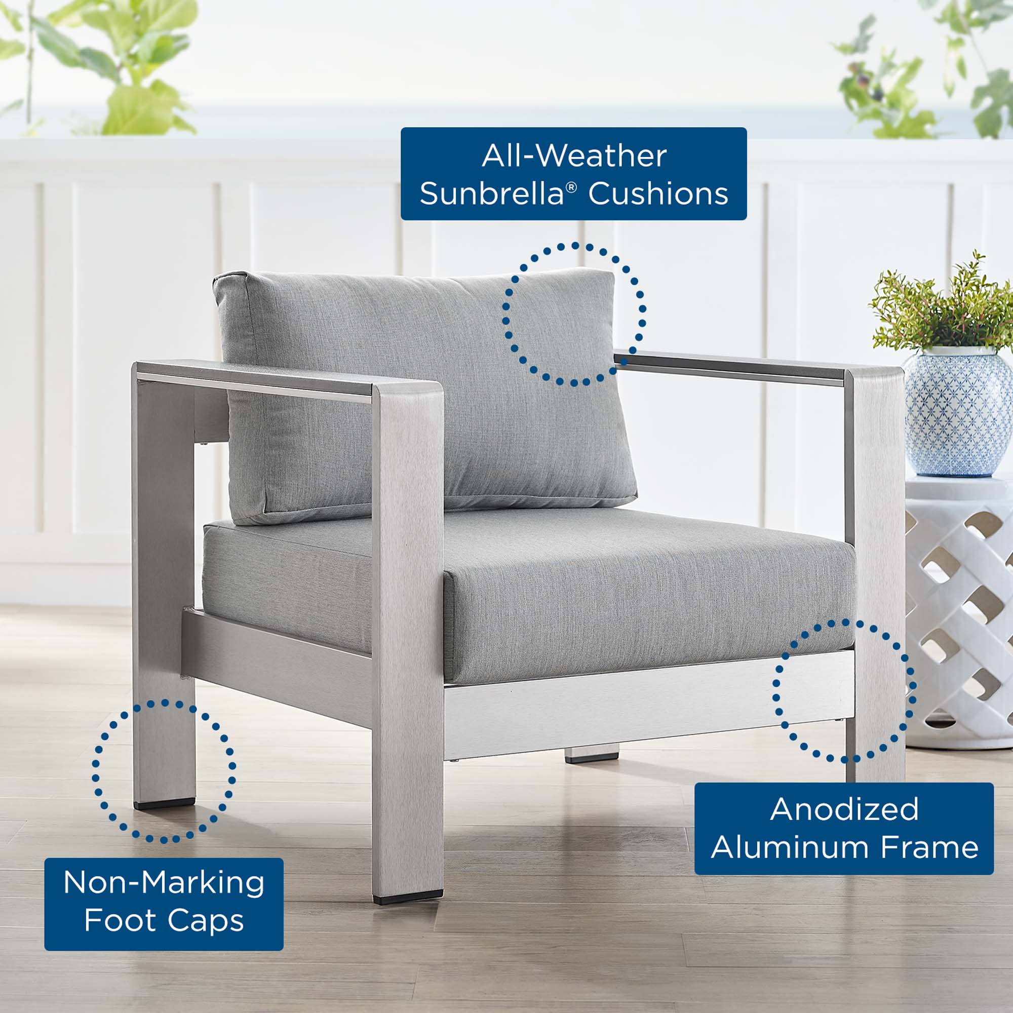 Shore Sunbrella® Fabric Aluminum Outdoor Patio Armchair, Silver Gray
