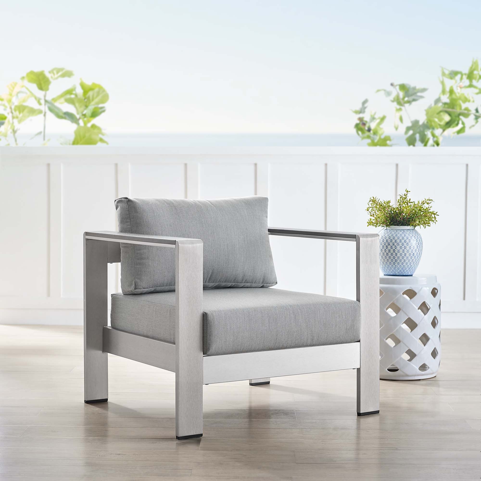 Shore Sunbrella® Fabric Aluminum Outdoor Patio Armchair, Silver Gray