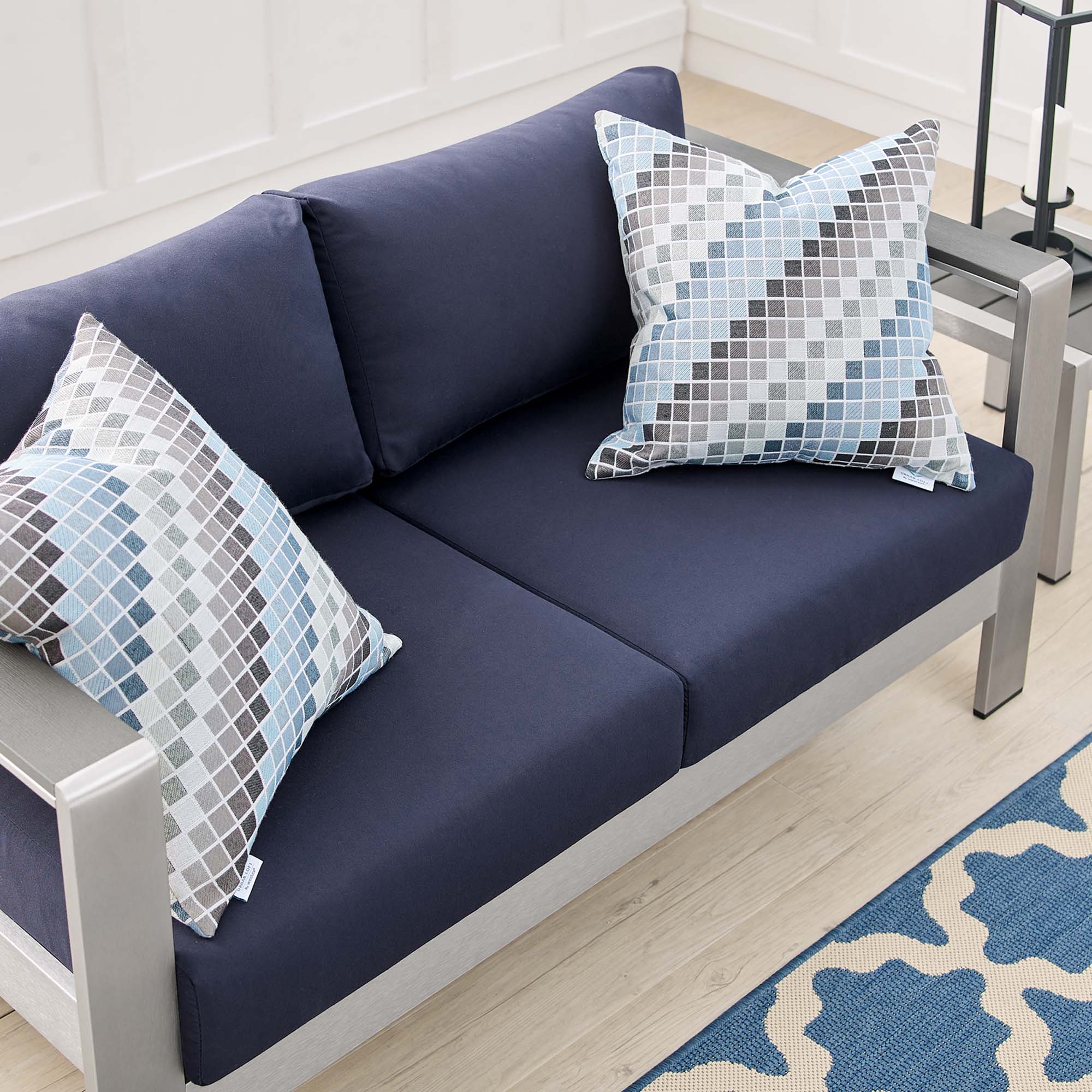 Shore Sunbrella® Fabric Aluminum Outdoor Patio Loveseat, Silver Navy