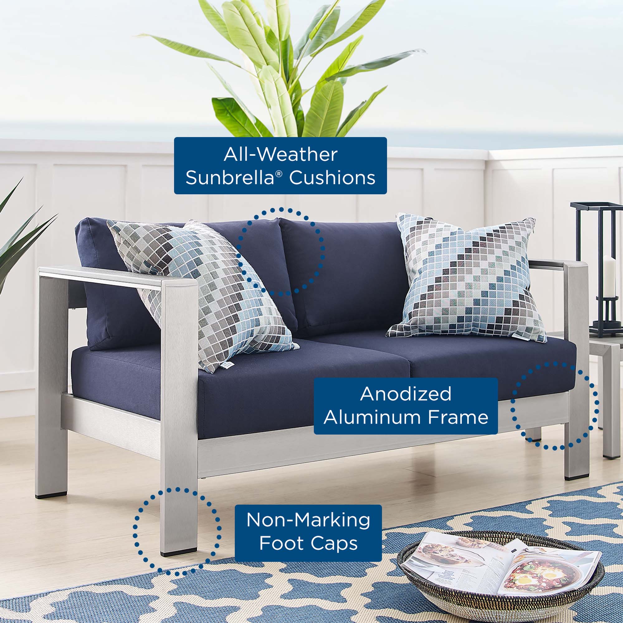 Shore Sunbrella® Fabric Aluminum Outdoor Patio Loveseat, Silver Navy