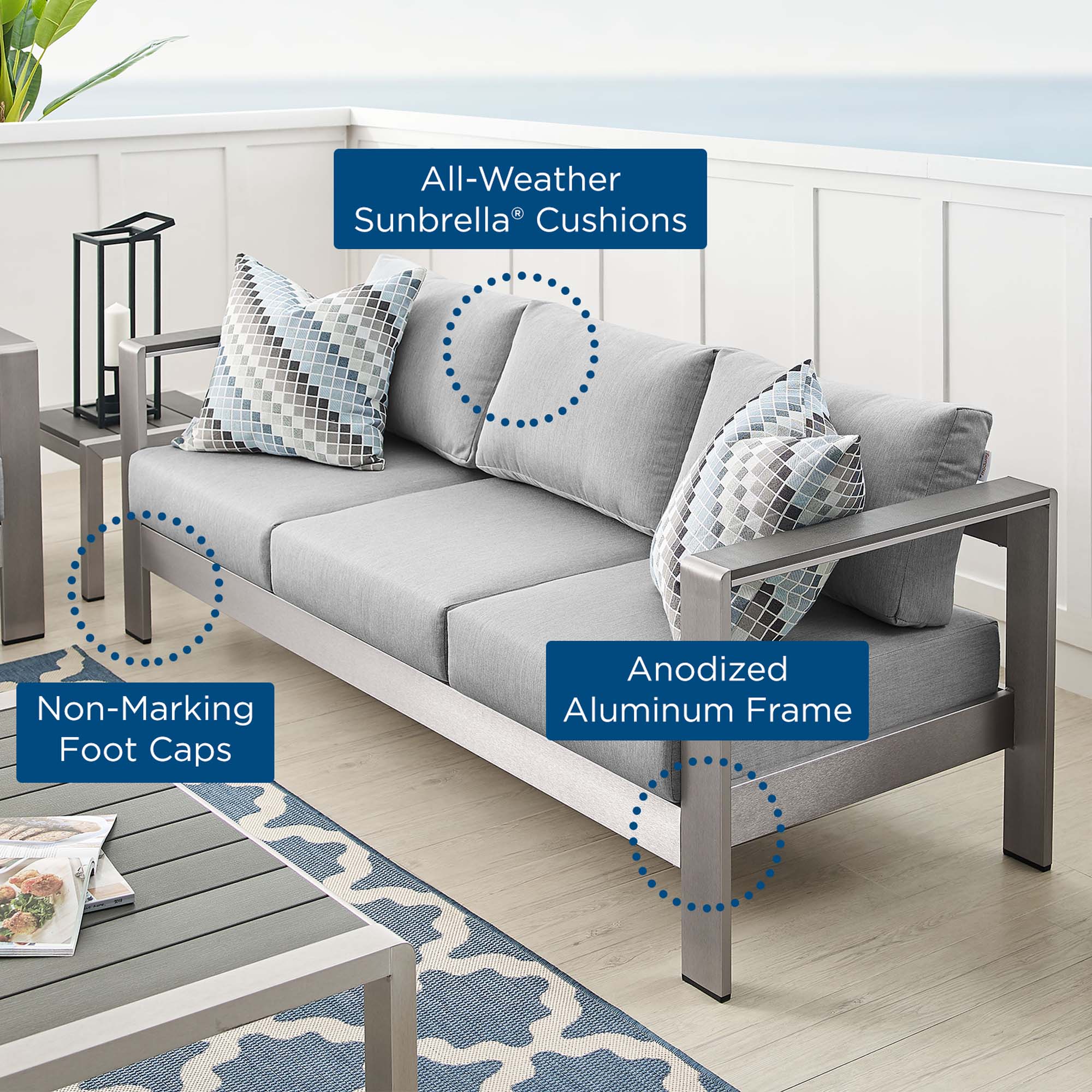Shore Sunbrella® Fabric Aluminum Outdoor Patio Sofa, Silver Gray