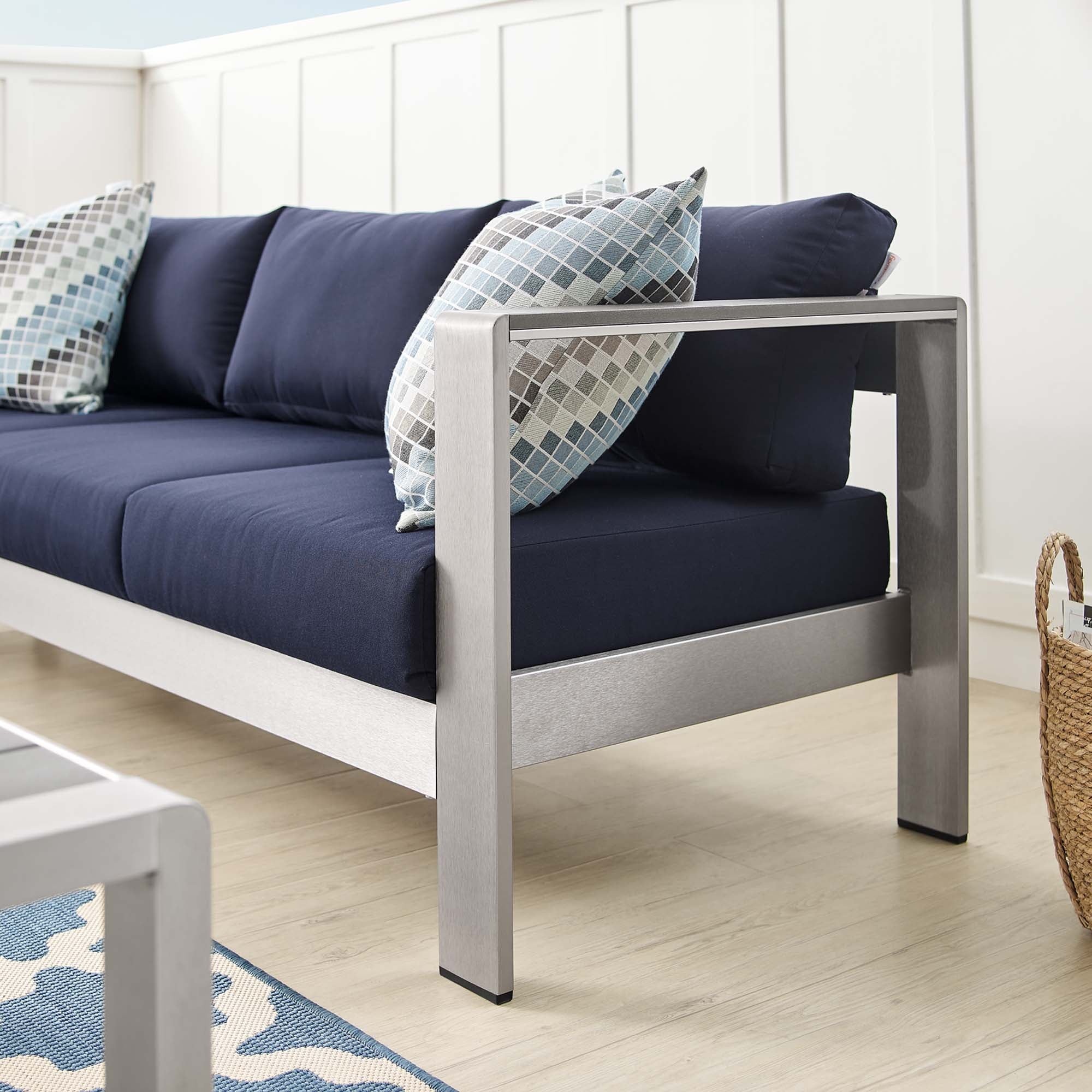 Shore Sunbrella® Fabric Aluminum Outdoor Patio Sofa, Silver Navy