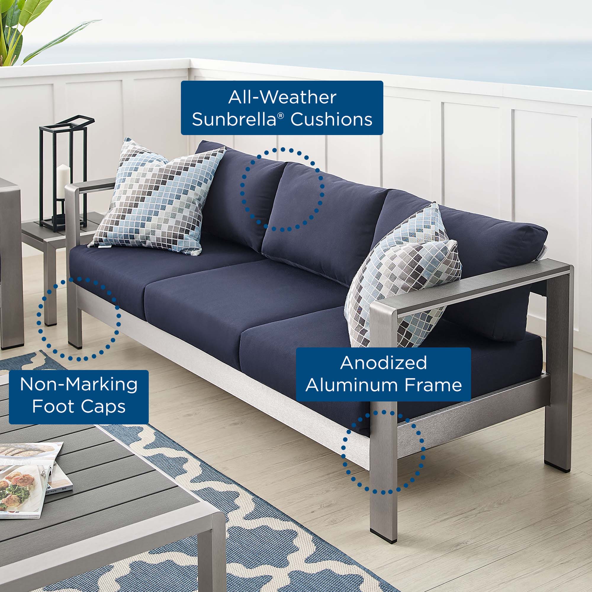 Shore Sunbrella® Fabric Aluminum Outdoor Patio Sofa, Silver Navy