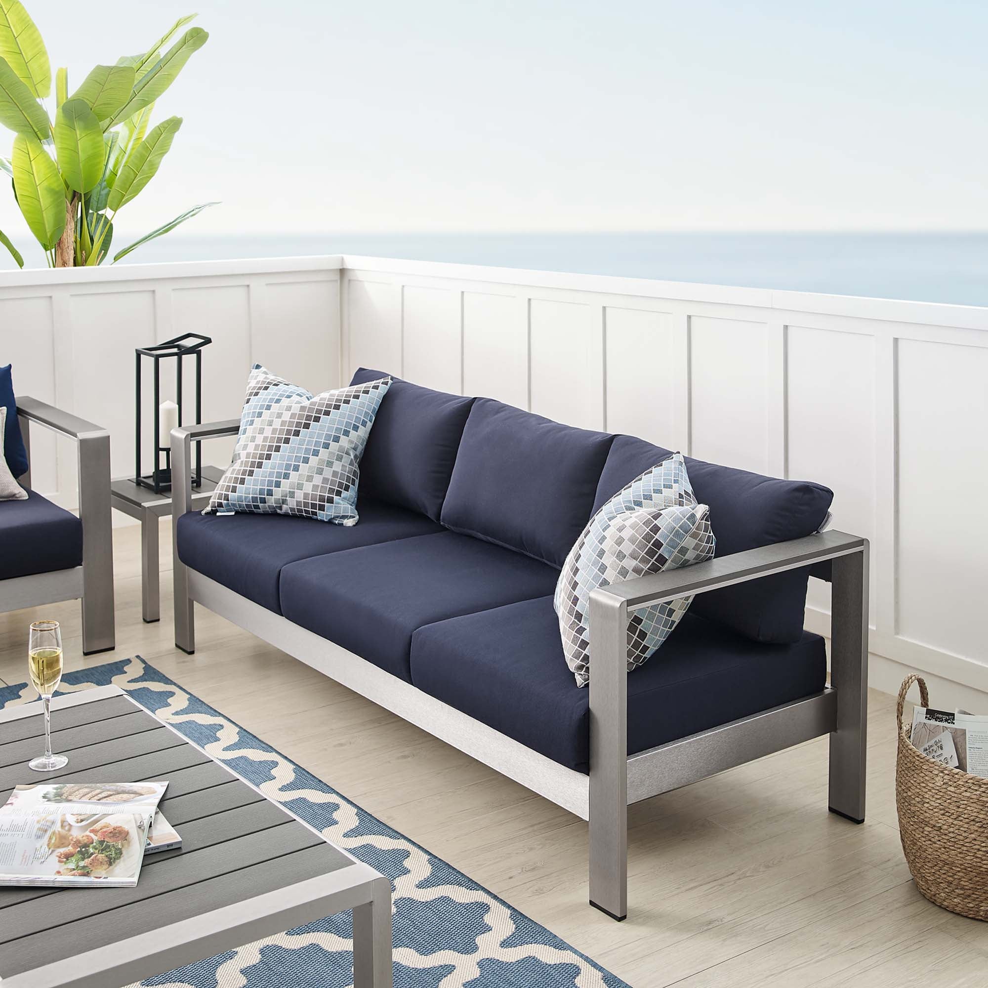 Shore Sunbrella® Fabric Aluminum Outdoor Patio Sofa, Silver Navy