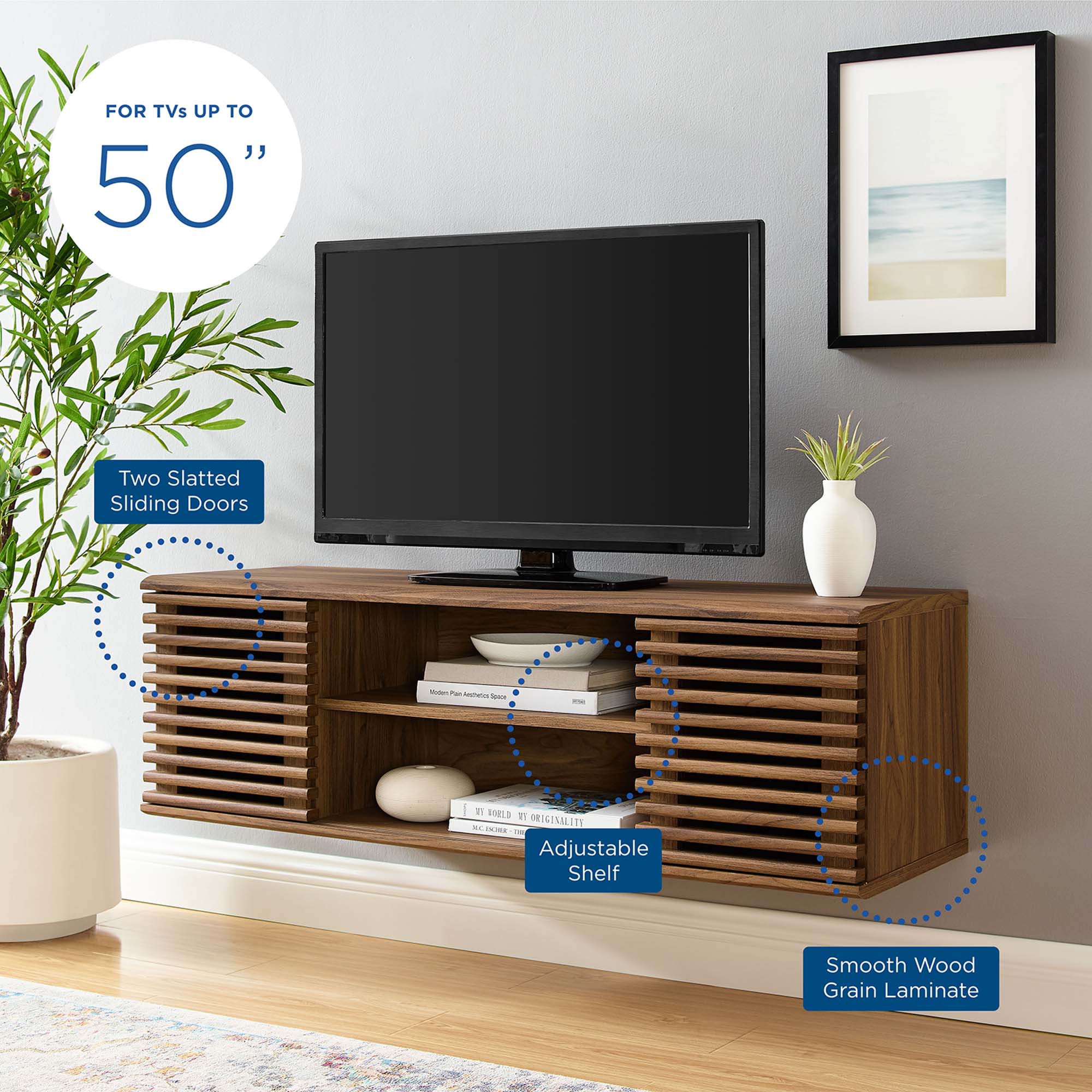 Render 46" Wall-Mount Media Console TV Stand, Walnut
