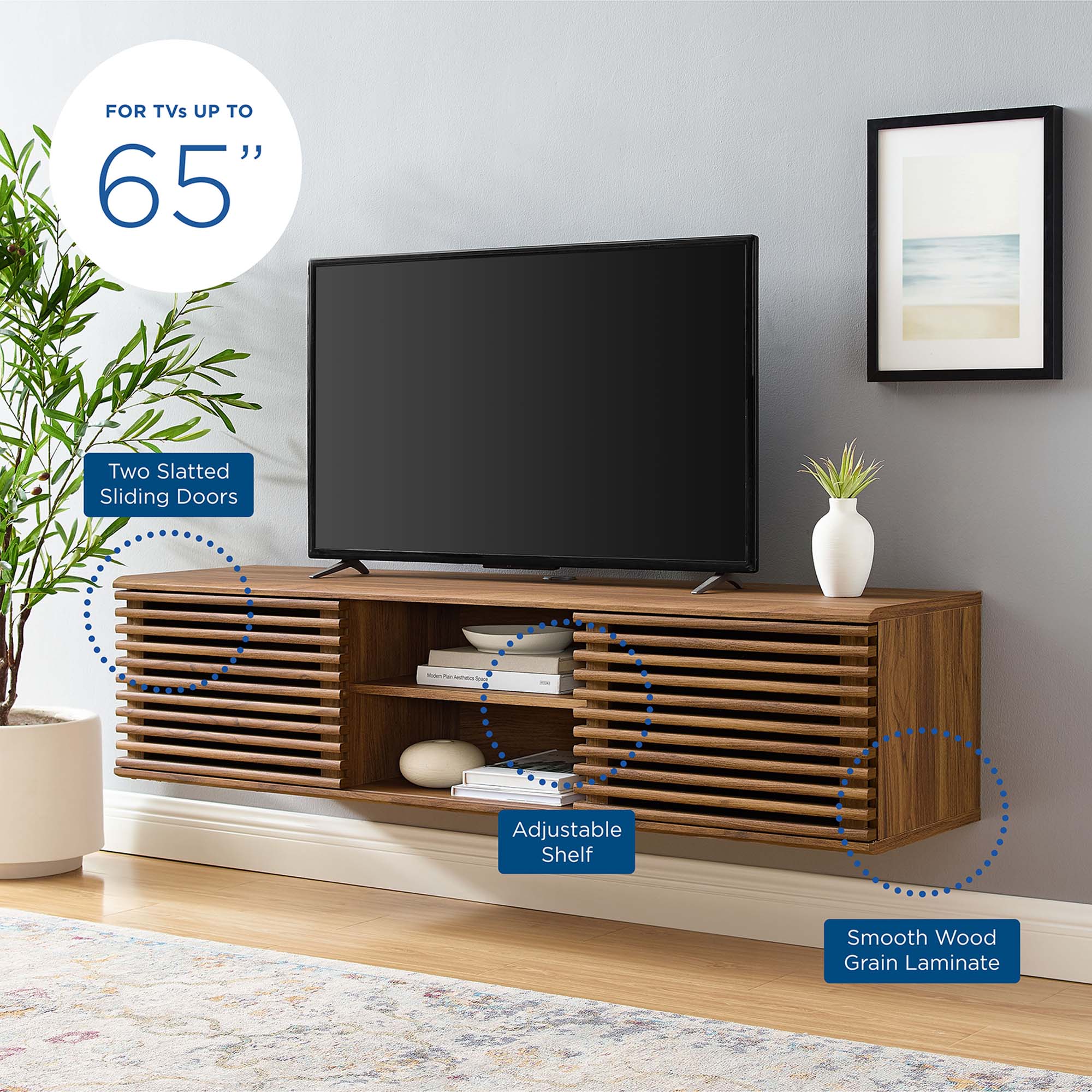 Render 60" Wall-Mount Media Console TV Stand, Walnut