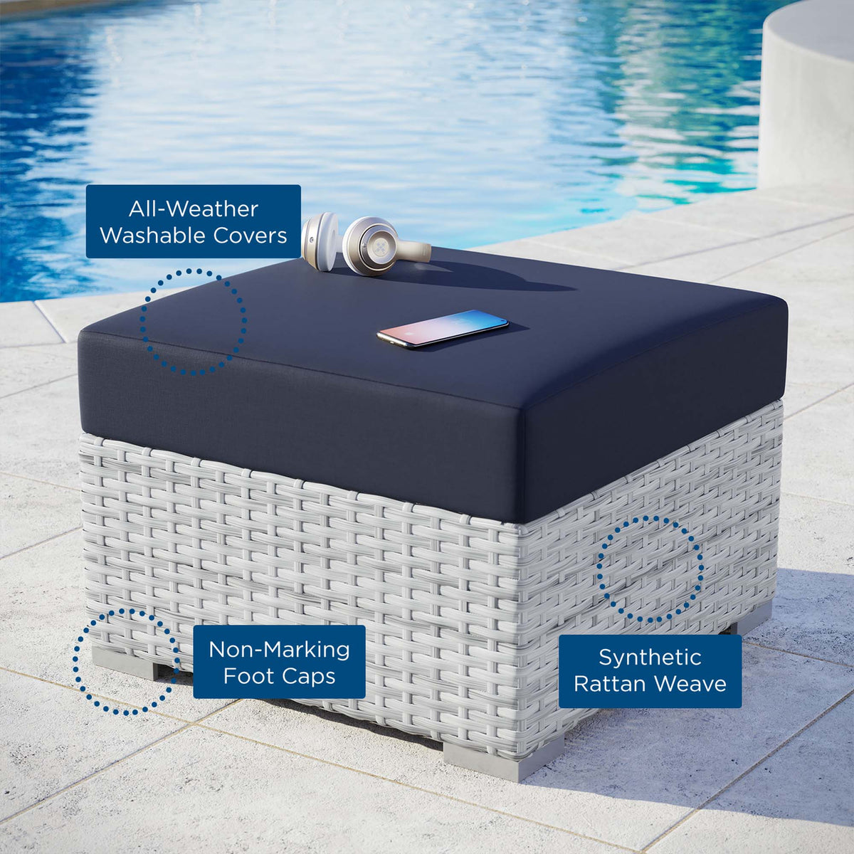 Convene Outdoor Patio Ottoman, Light Gray Navy