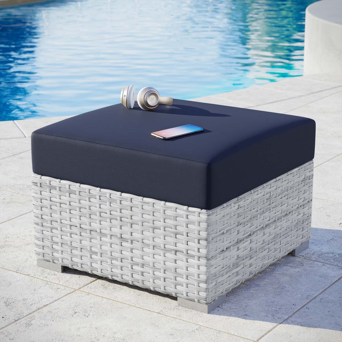 Convene Outdoor Patio Ottoman, Light Gray Navy