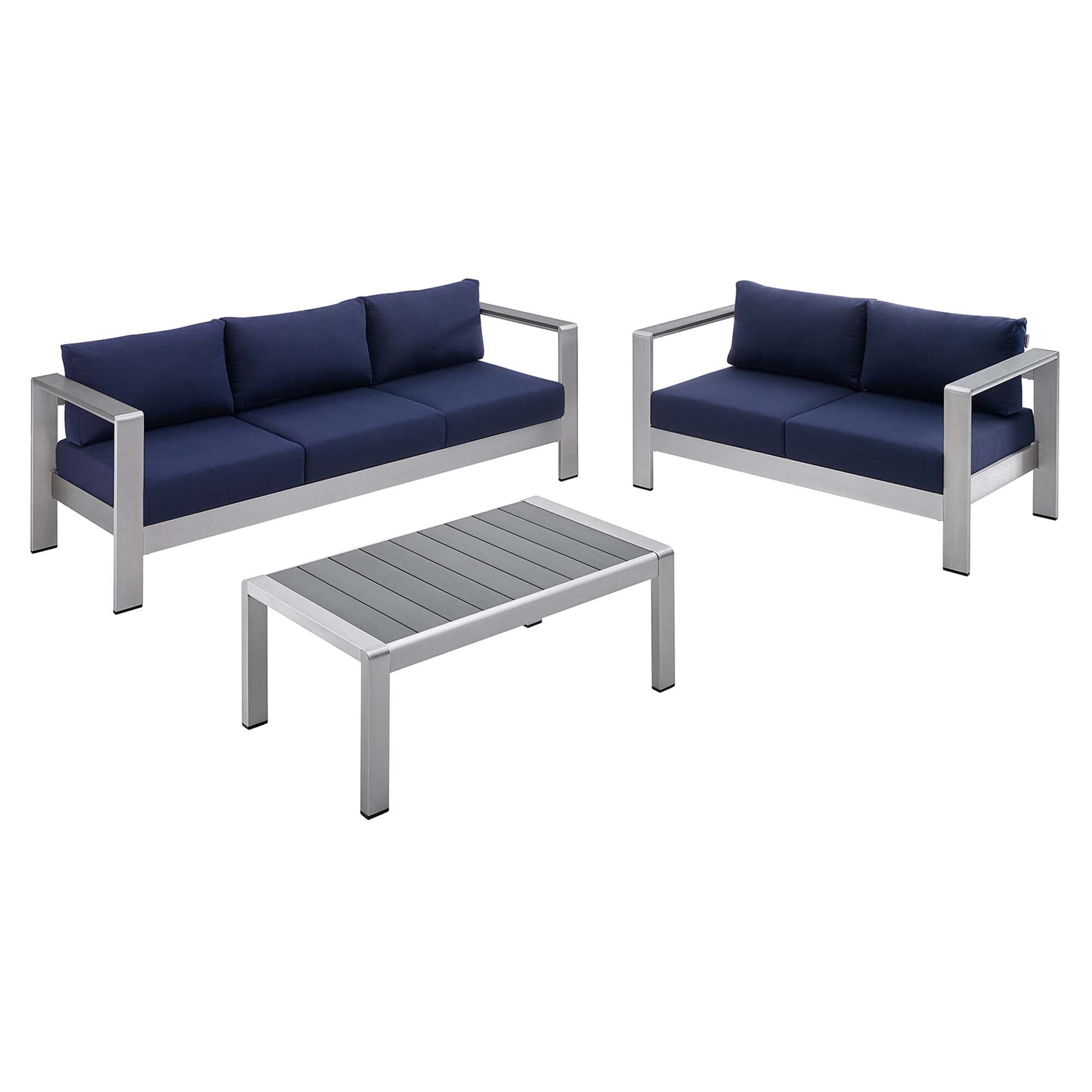 Shore 3 Piece Sunbrella® Fabric Outdoor Patio Aluminum Set, Silver Navy