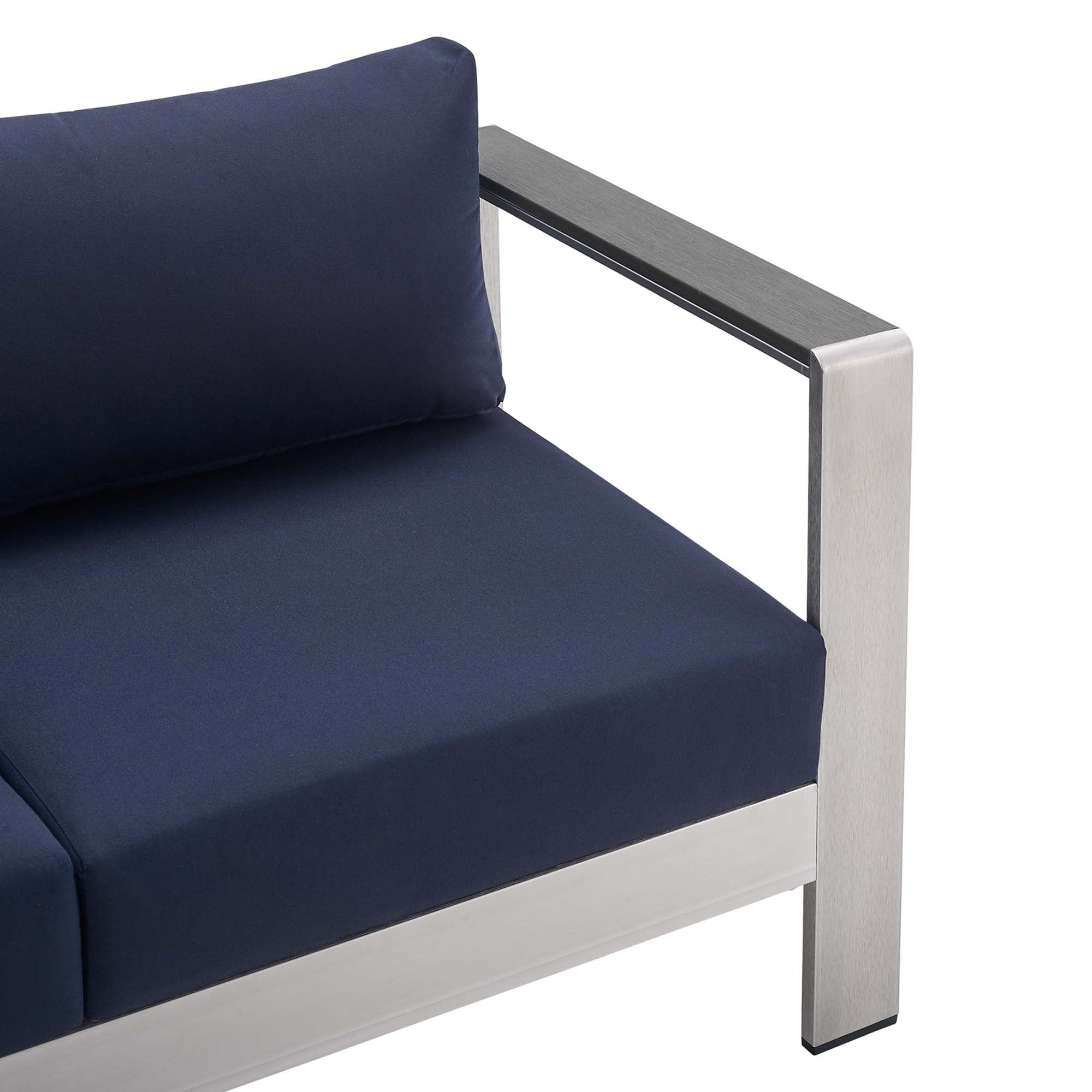 Shore 3 Piece Sunbrella® Fabric Outdoor Patio Aluminum Set, Silver Navy