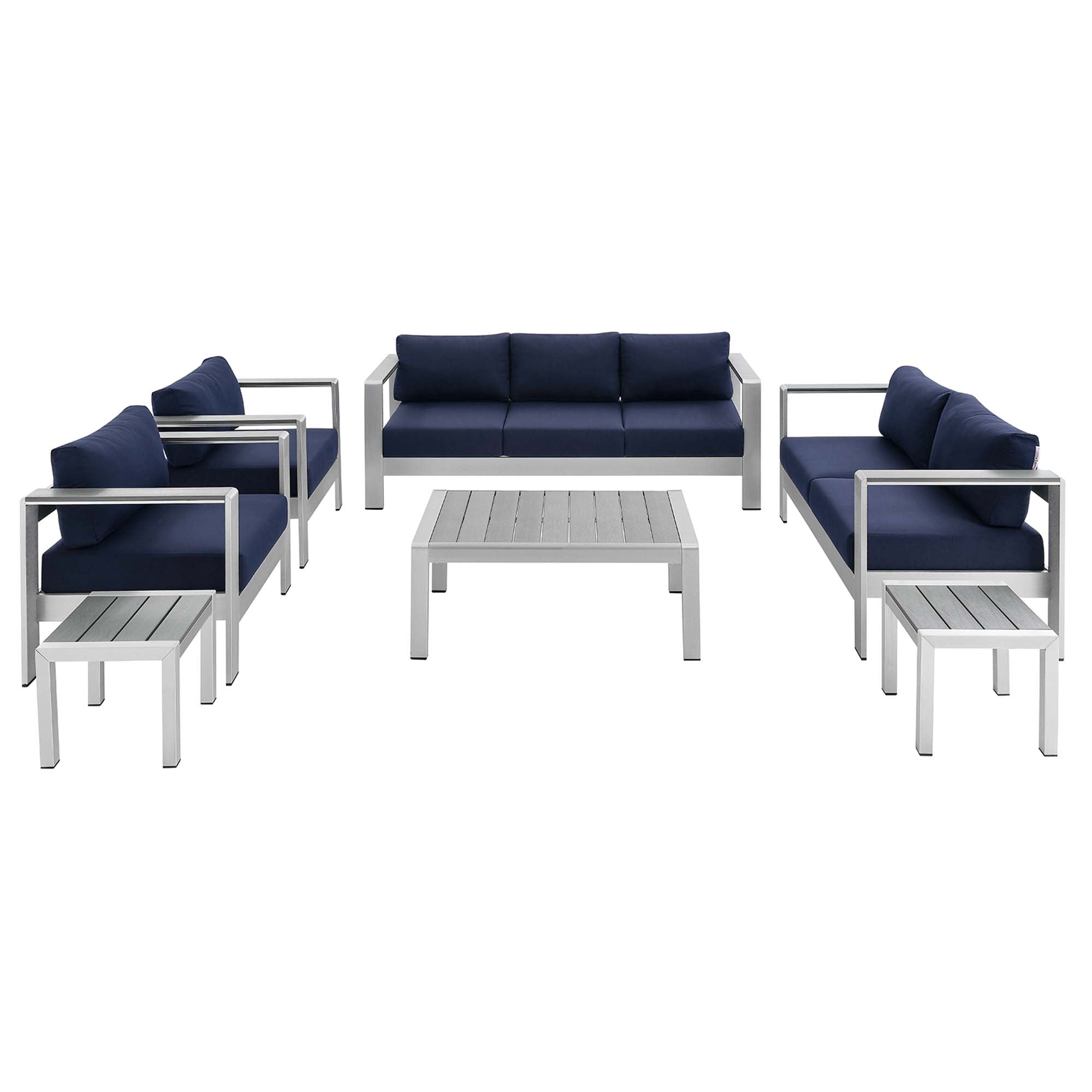Shore 7 Piece Sunbrella® Fabric Outdoor Patio Aluminum Set, Silver Navy