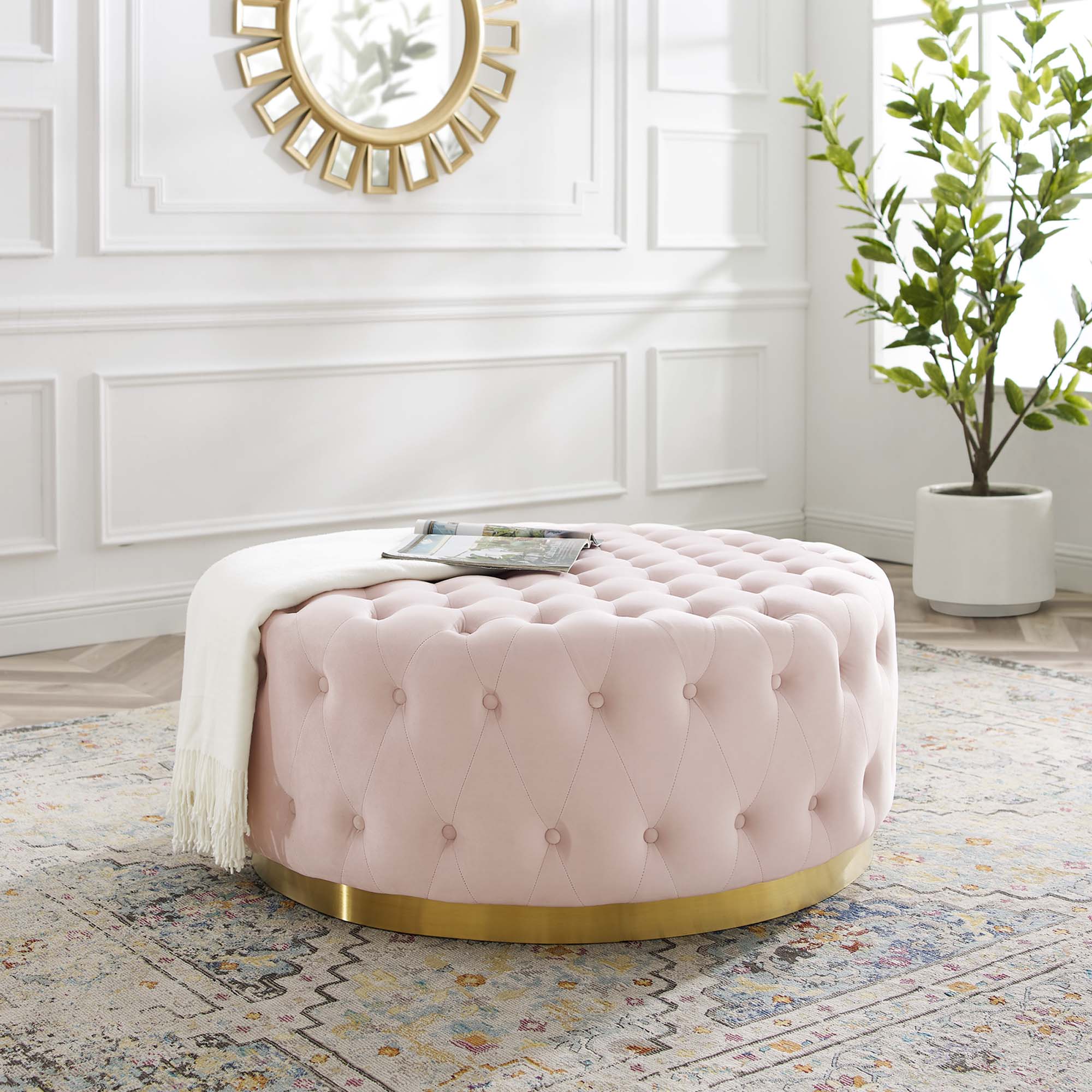 Ensconce Tufted Performance Velvet Round Ottoman, Pink
