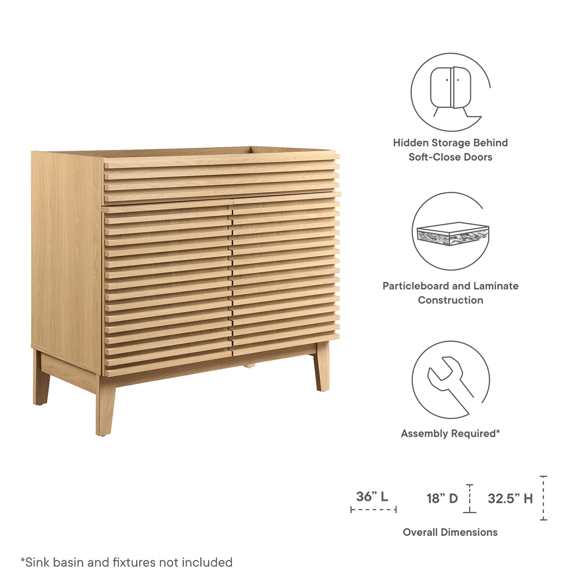 Render 36" Bathroom Vanity Cabinet, Oak