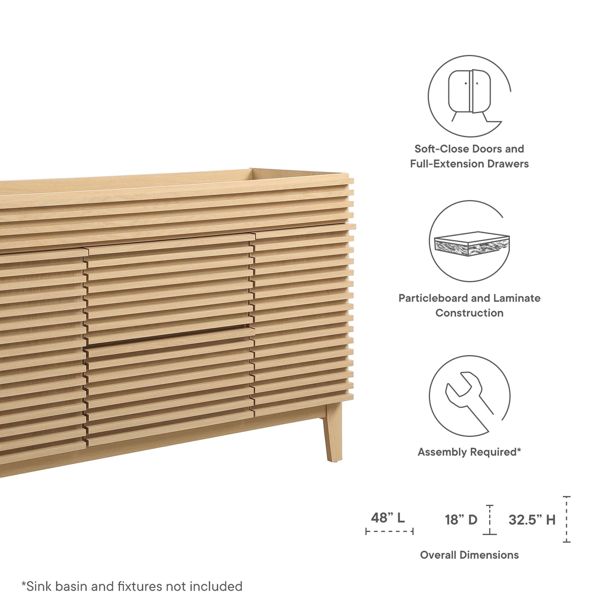 Render 48" Single Sink Compatible (not included) Bathroom Vanity Cabinet, Oak