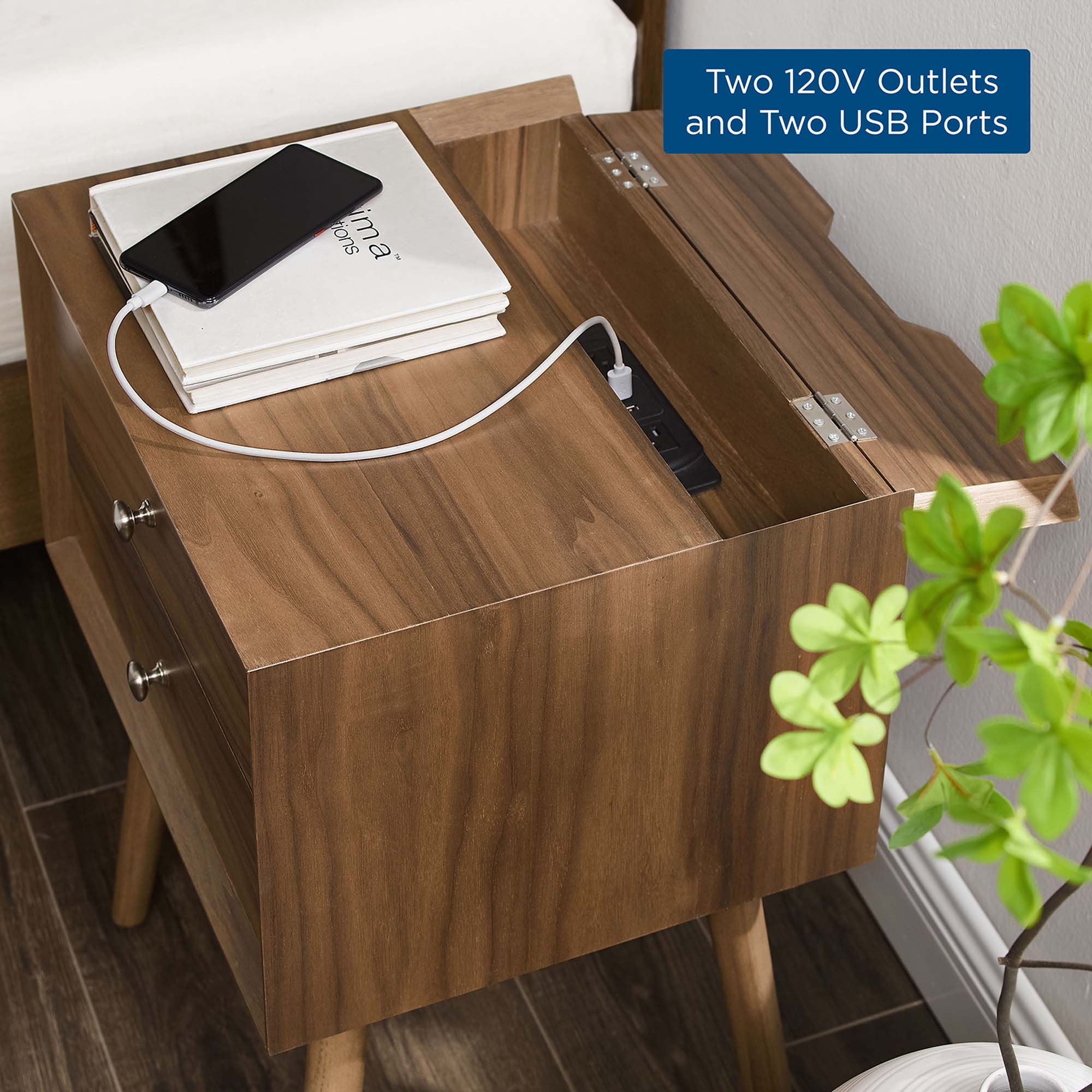 Ember Wood Nightstand With USB Ports, Walnut Walnut