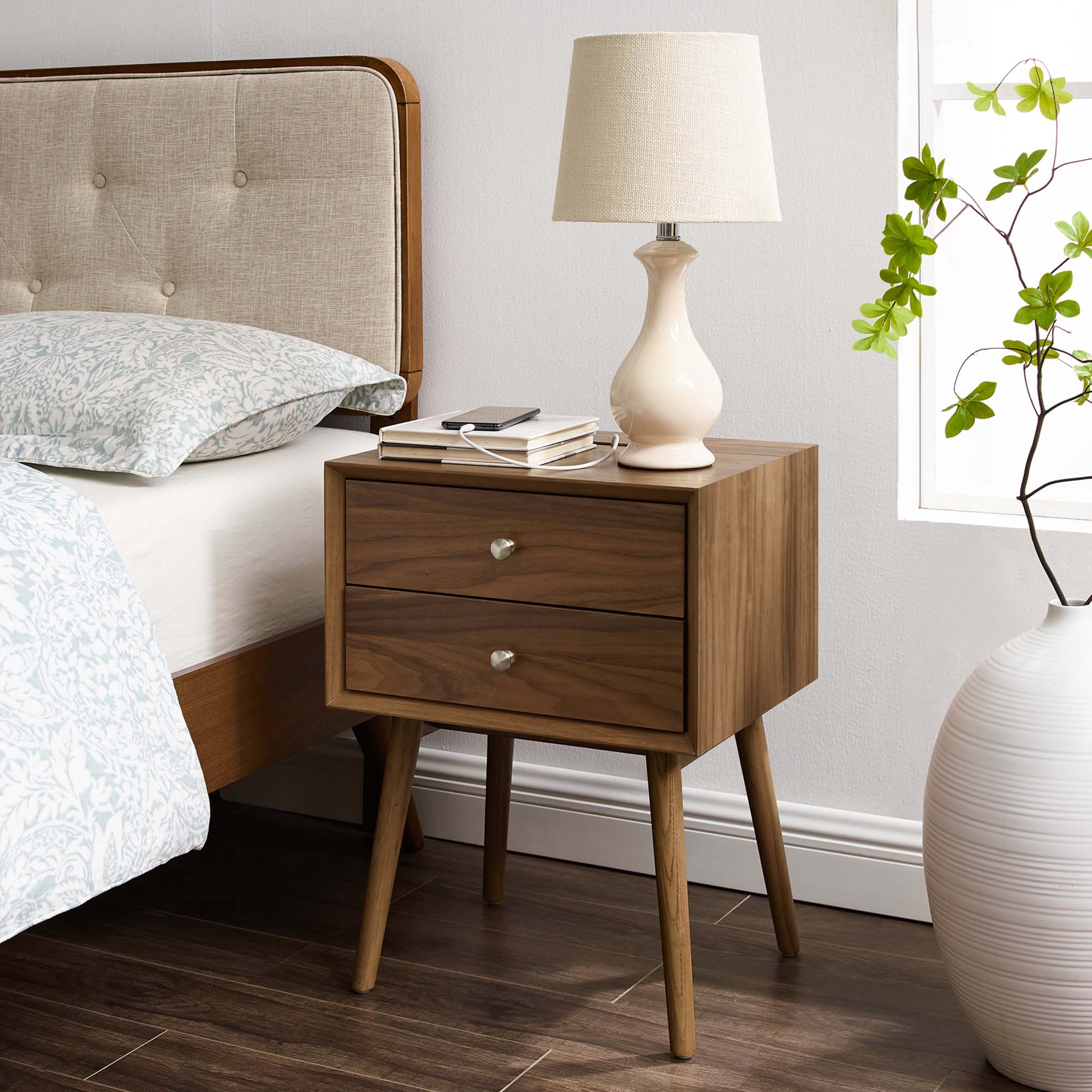 Ember Wood Nightstand With USB Ports, Walnut Walnut