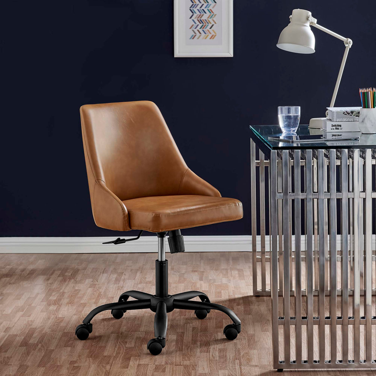 Designate Swivel Vegan Leather Office Chair, Black Tan