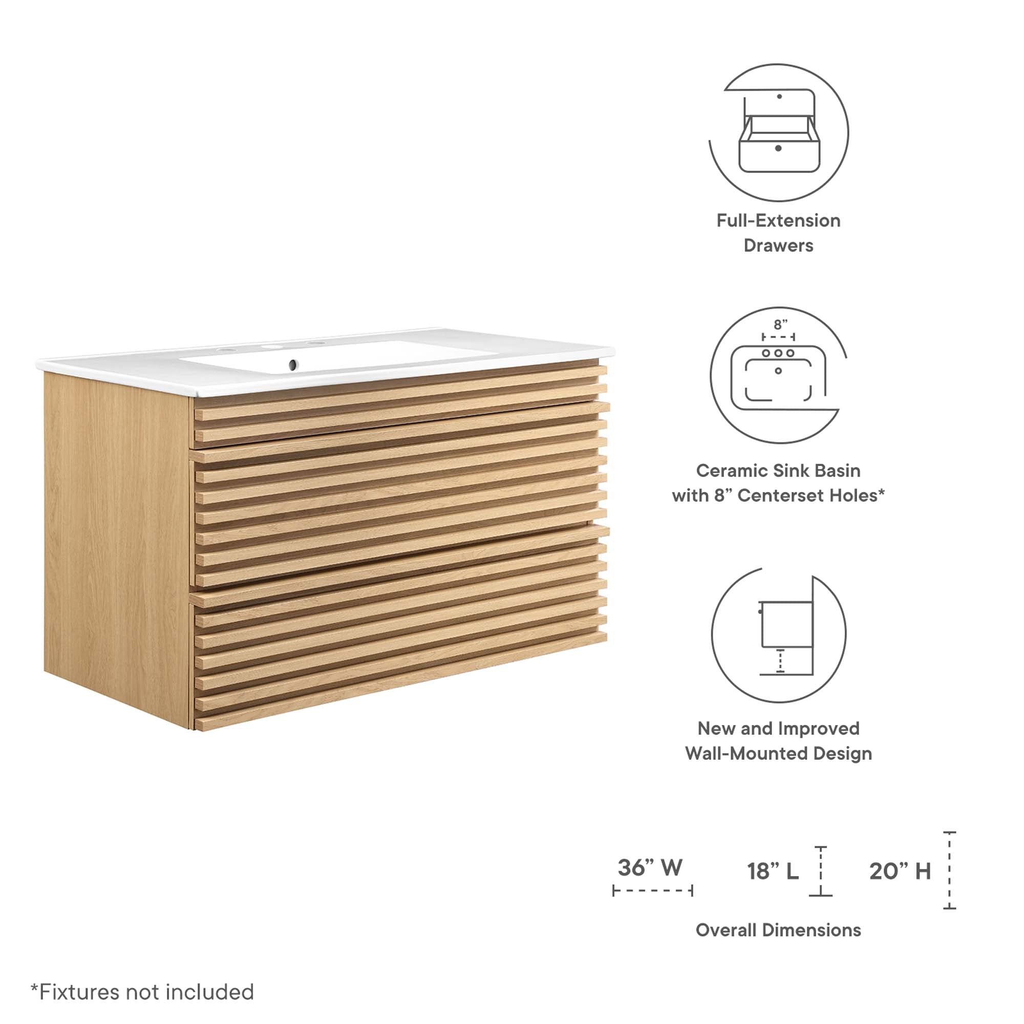 Render 36" Wall-Mount Bathroom Vanity, Oak White
