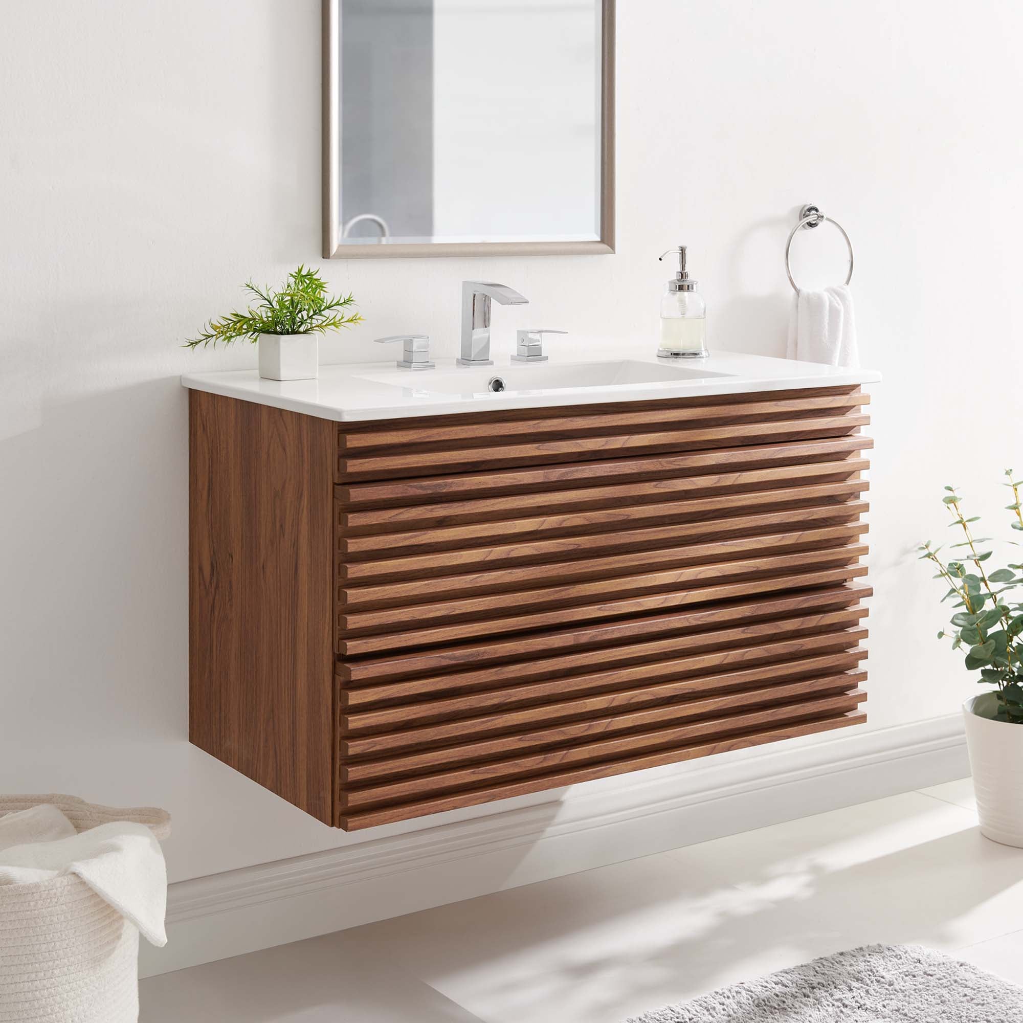Render 36" Wall-Mount Bathroom Vanity, Walnut White