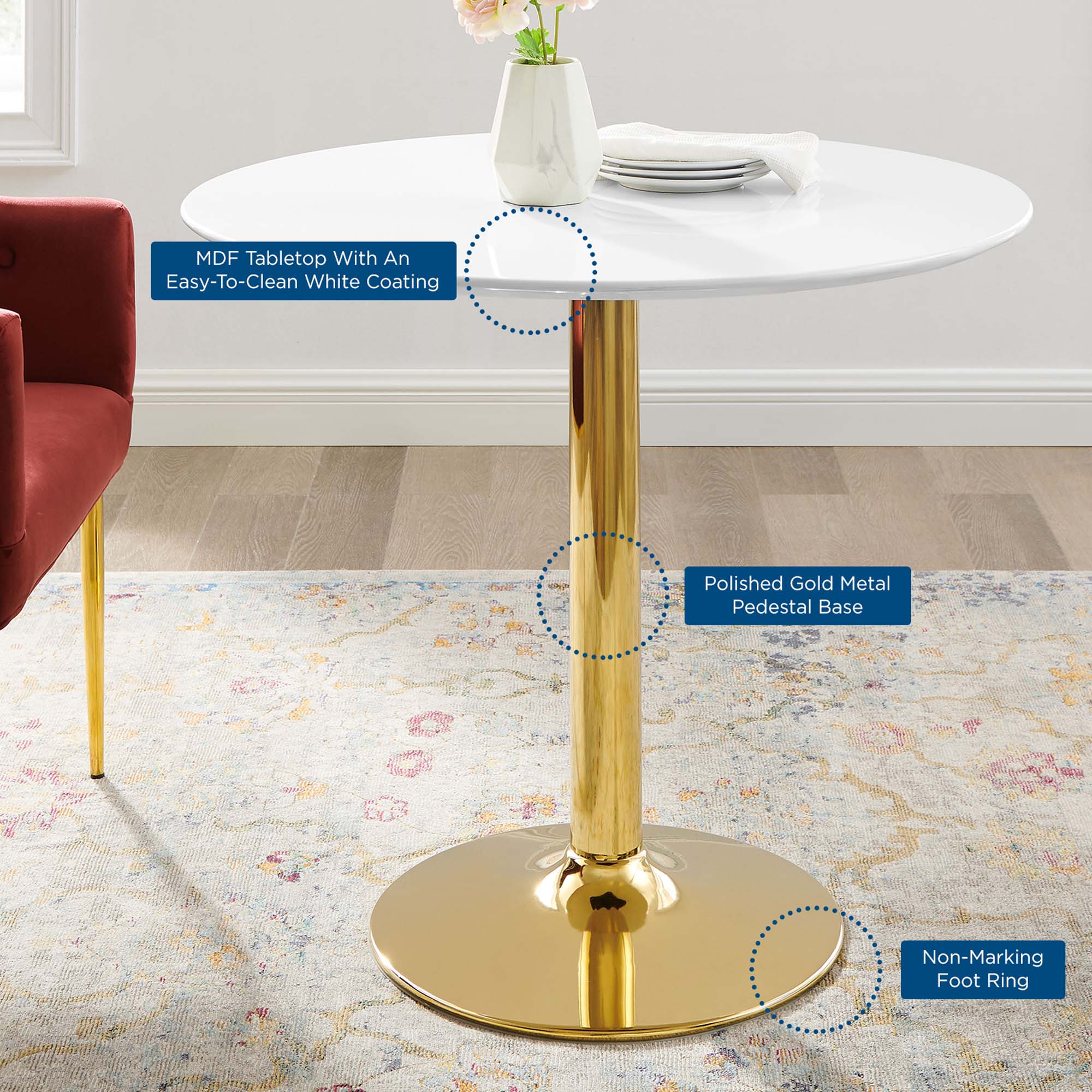 Verne 35" Dining Table, Gold White