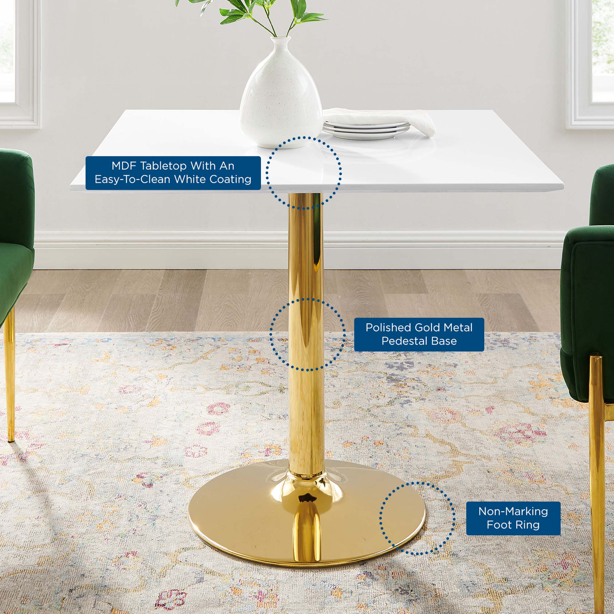 Verne 35" Square Dining Table, Gold White