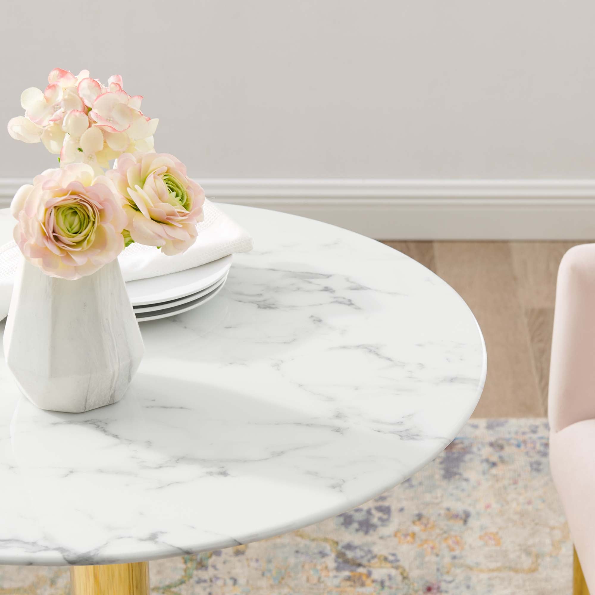 Verne 28" Artificial Marble Dining Table, Gold White