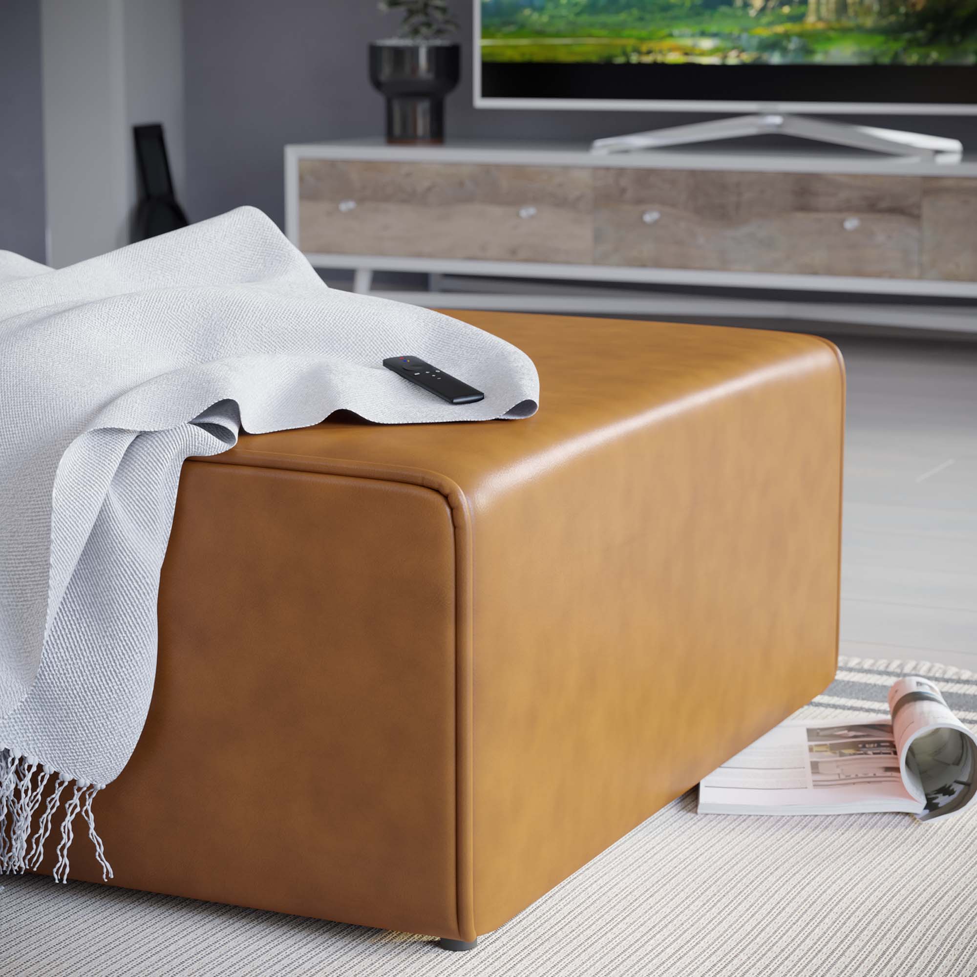 Mingle Vegan Leather Ottoman, Tan