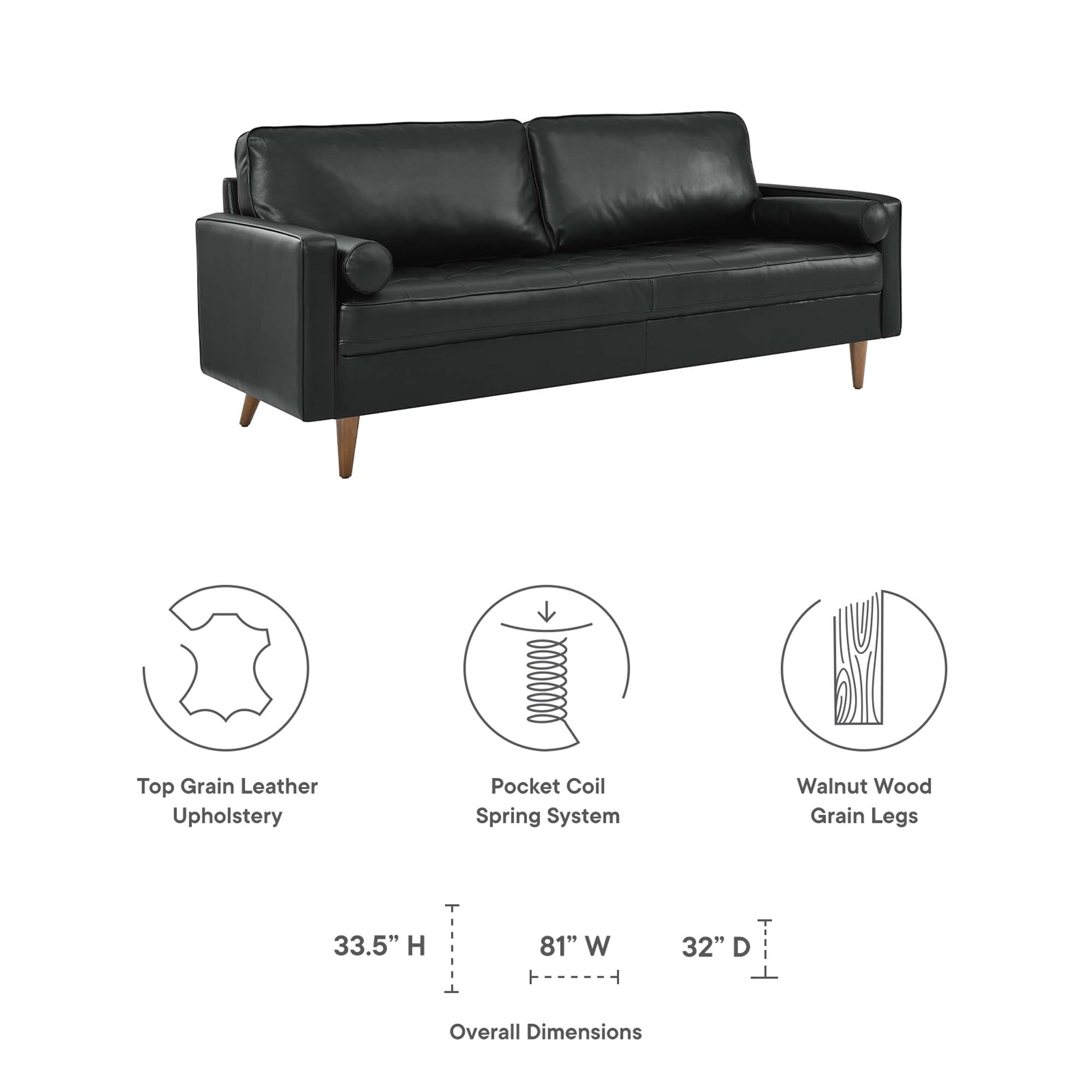Valour 81" Leather Sofa, Black