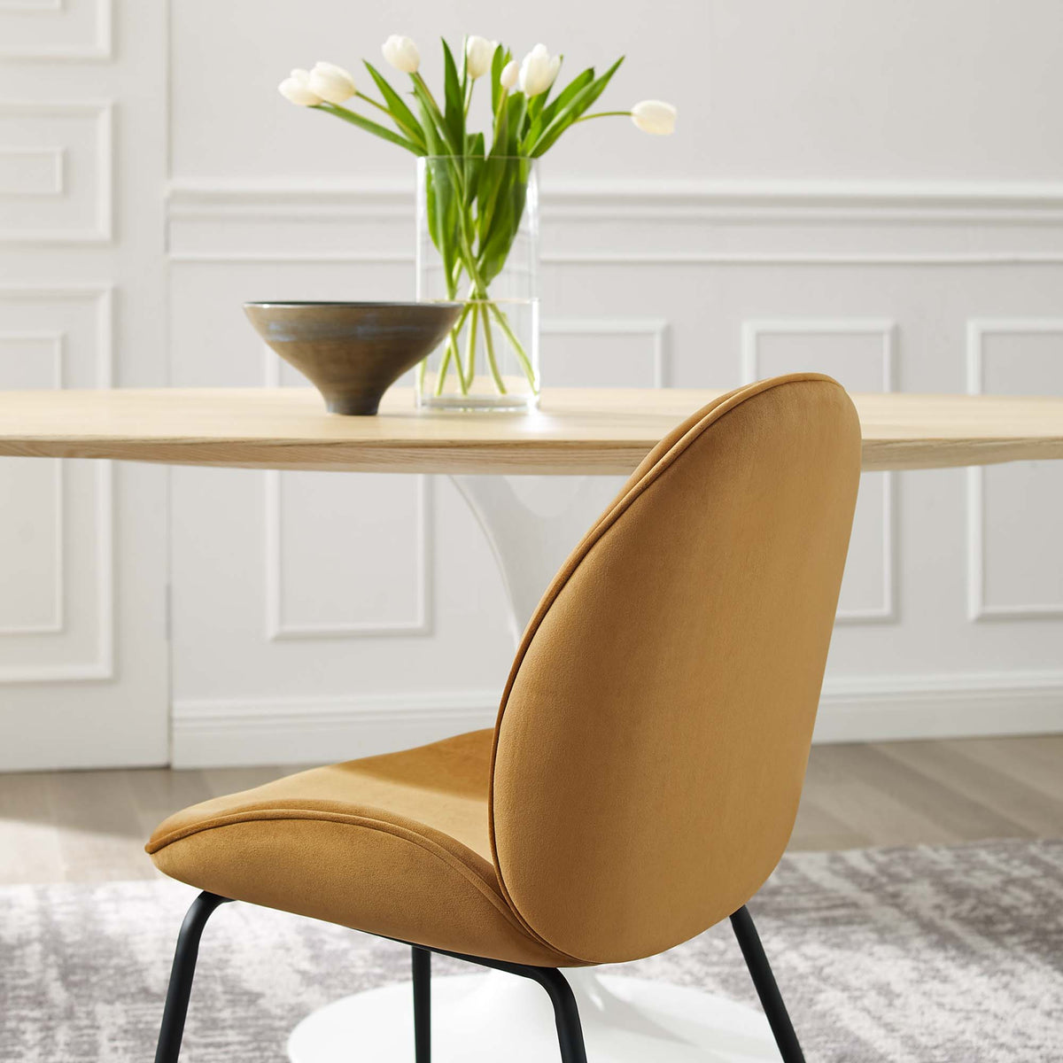 Scoop Black Powder Coated Steel Leg Performance Velvet Dining Chairs Set of 2, Cognac