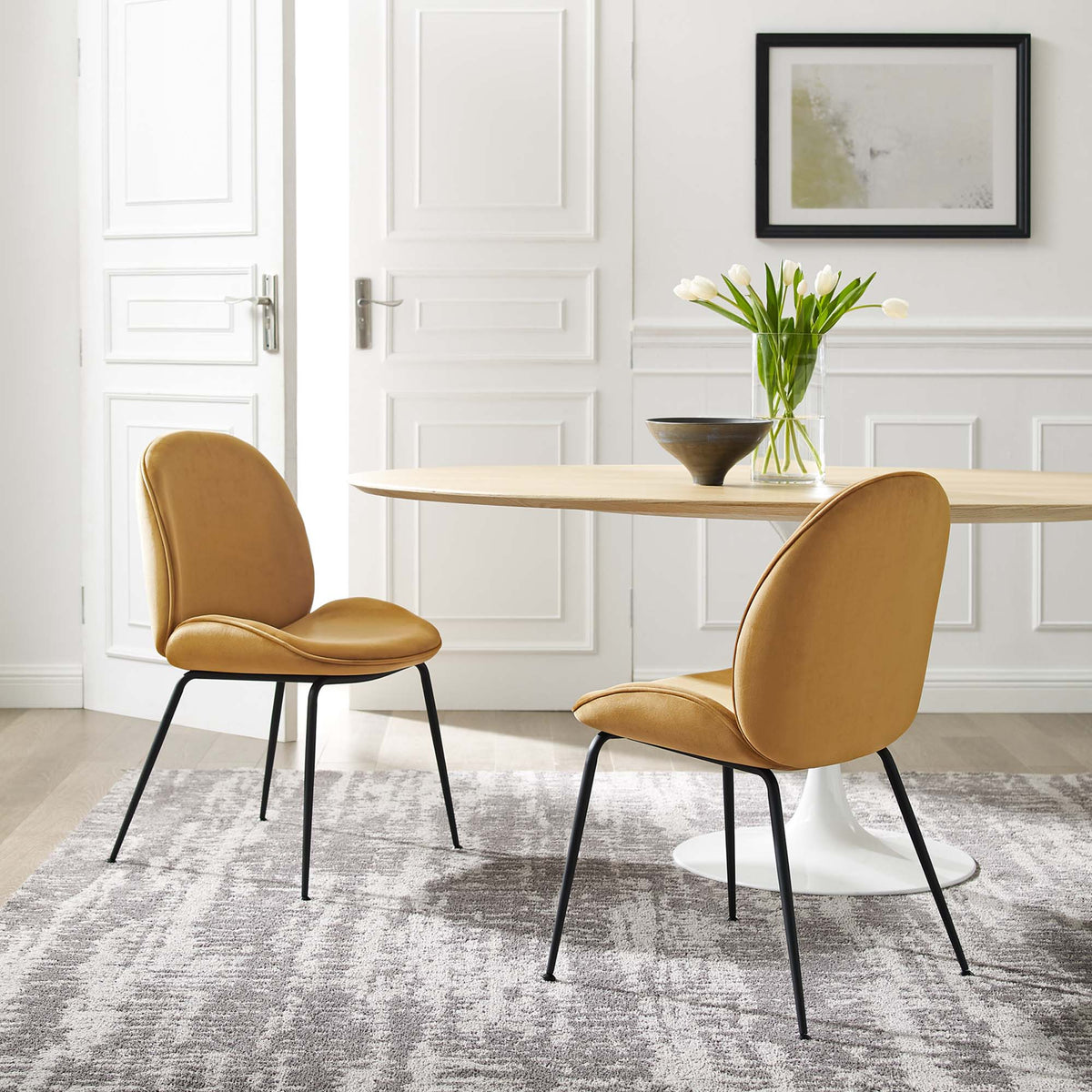 Scoop Black Powder Coated Steel Leg Performance Velvet Dining Chairs Set of 2, Cognac