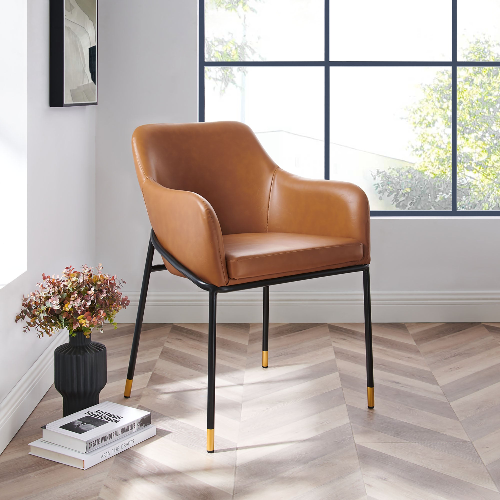 Jovi Vegan Leather Dining Chair, Black Tan