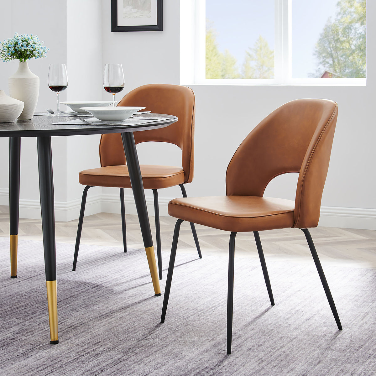 Nico Vegan Leather Dining Chair Set of 2, Black Tan