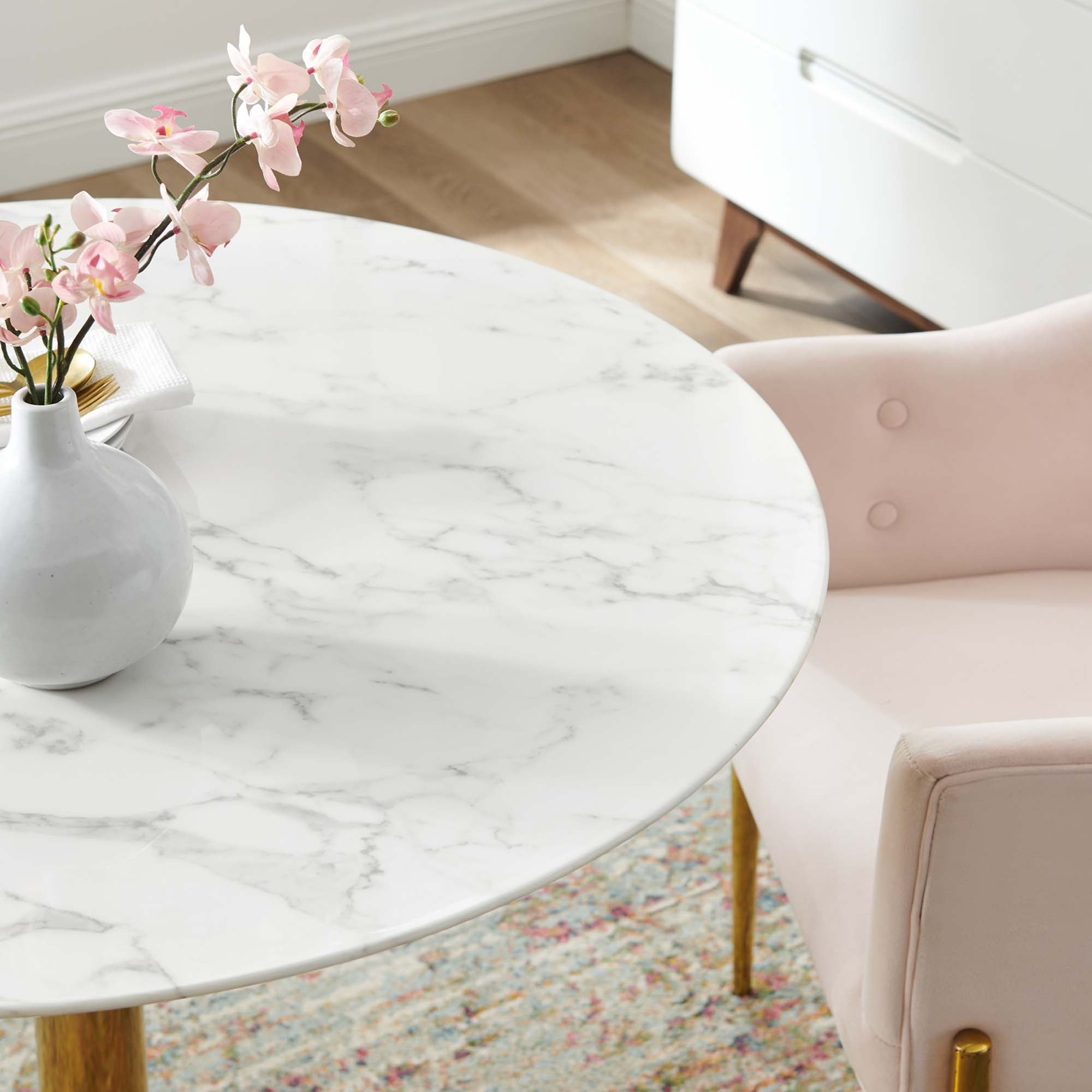 Verne 40" Artificial Marble Dining Table, Gold White