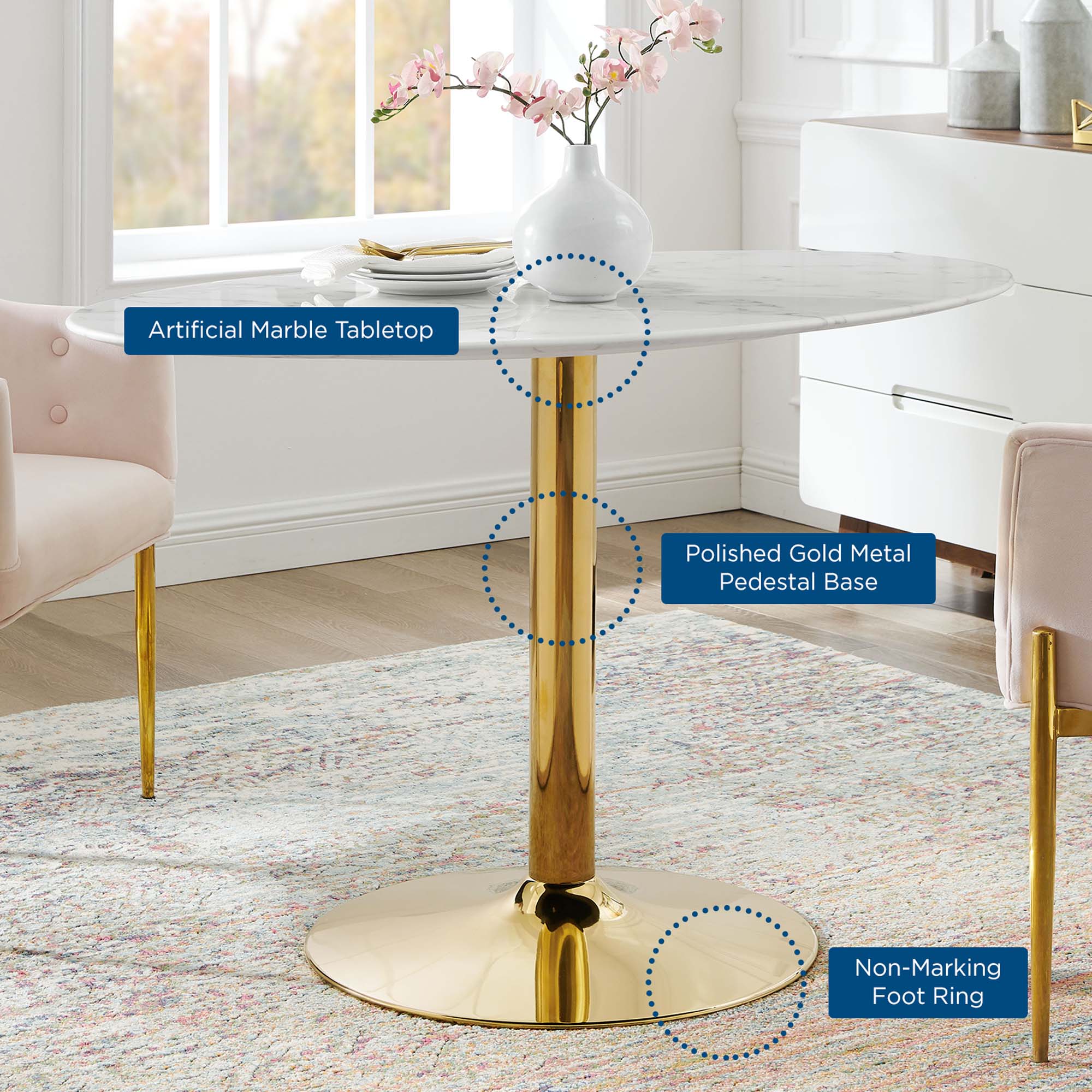 Verne 48" Oval Artificial Marble Dining Table, Gold White