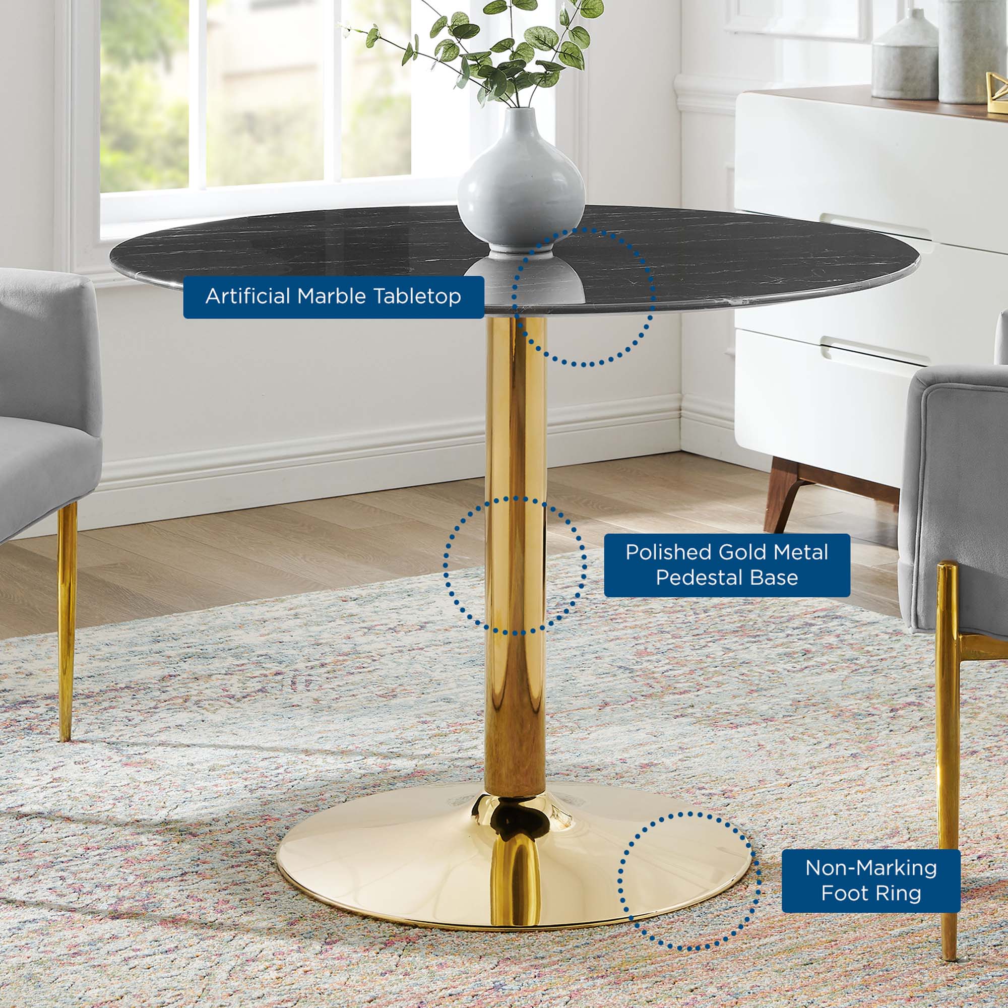 Verne 40" Artificial Marble Dining Table, Gold Black