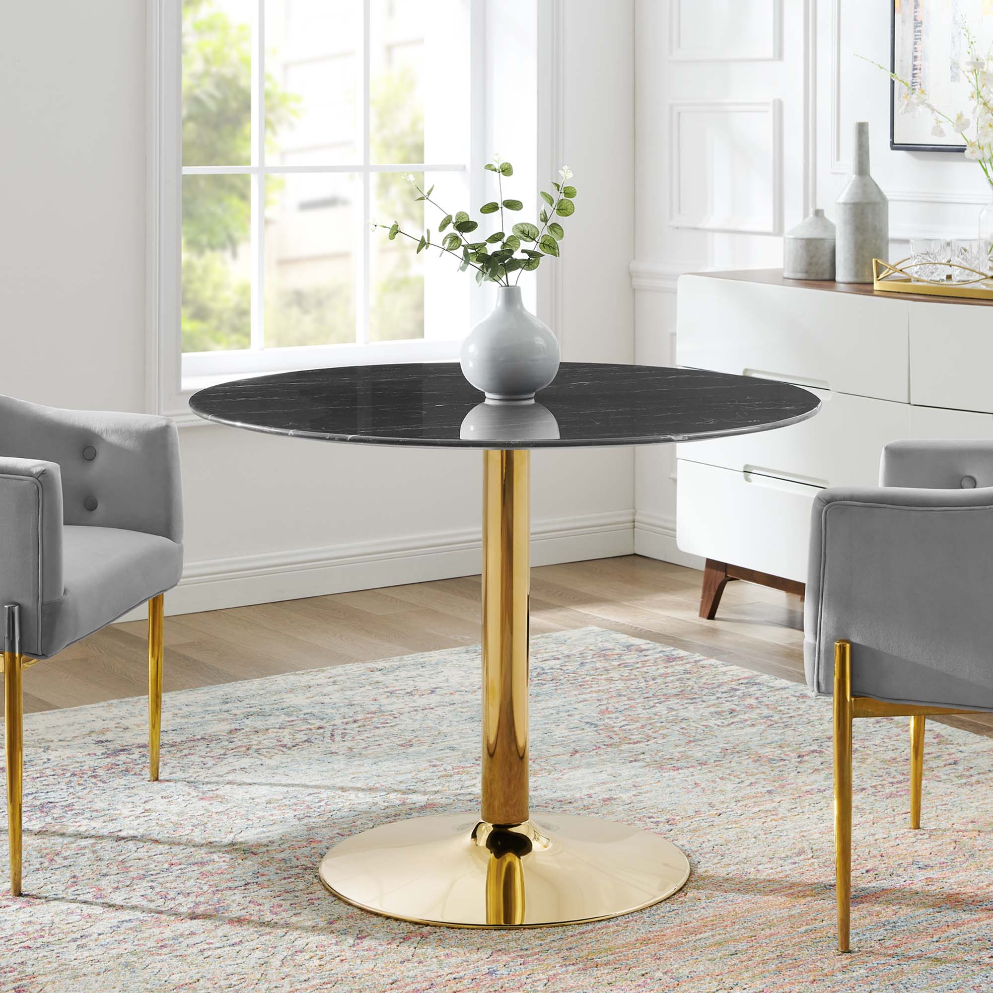Verne 40" Artificial Marble Dining Table, Gold Black