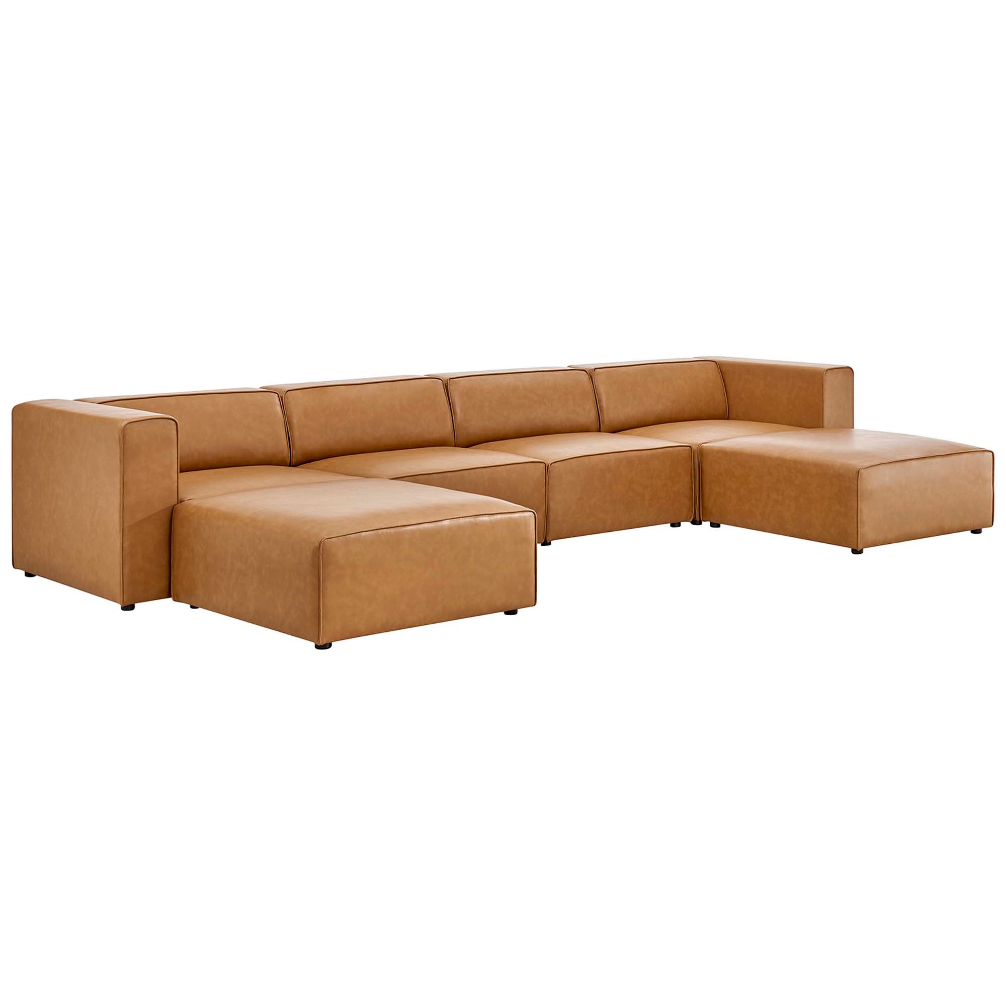 Mingle 4-Piece Vegan Leather Sofa and 2 Ottomans Set, Tan