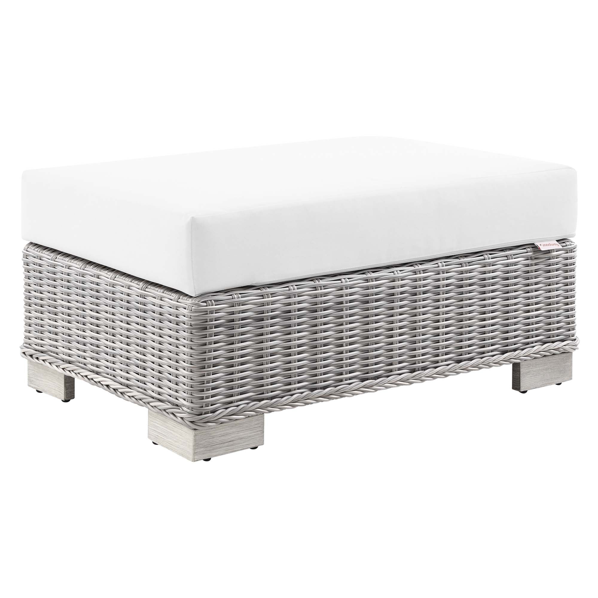 Conway Outdoor Patio Wicker Rattan Ottoman, Light Gray White
