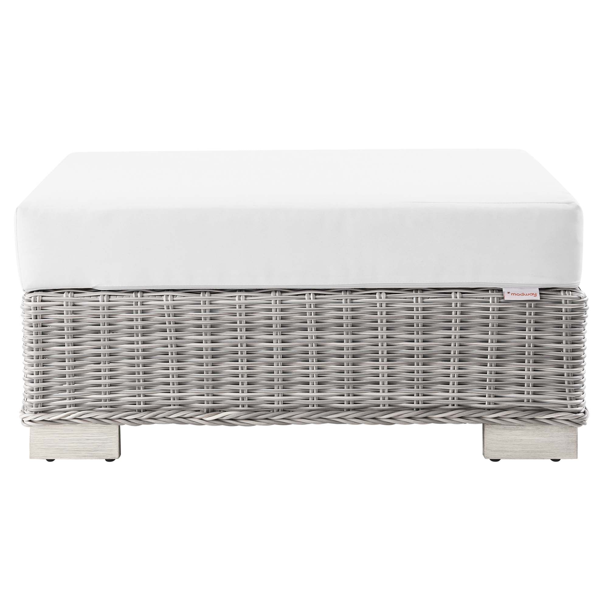 Conway Outdoor Patio Wicker Rattan Ottoman, Light Gray White