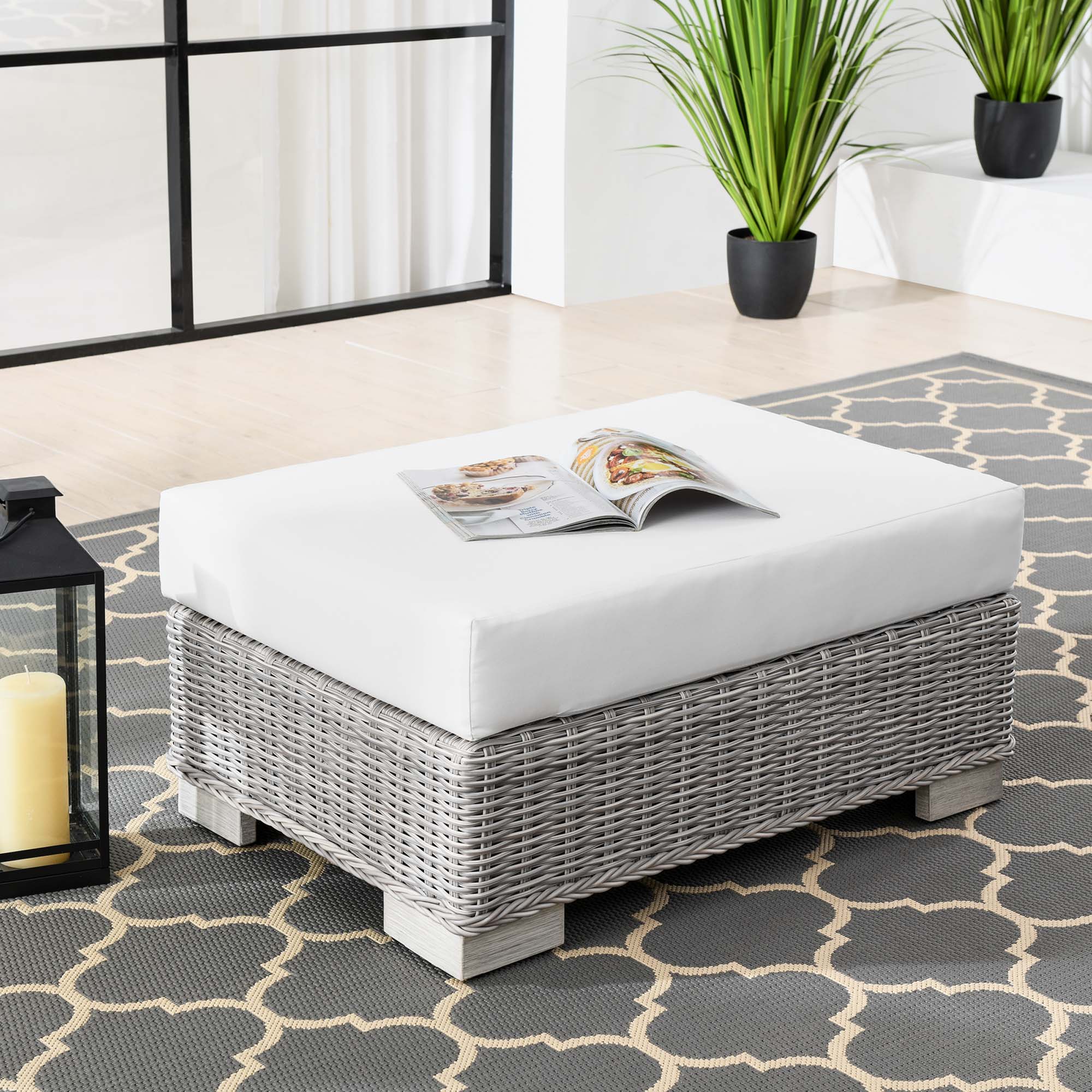 Conway Outdoor Patio Wicker Rattan Ottoman, Light Gray White