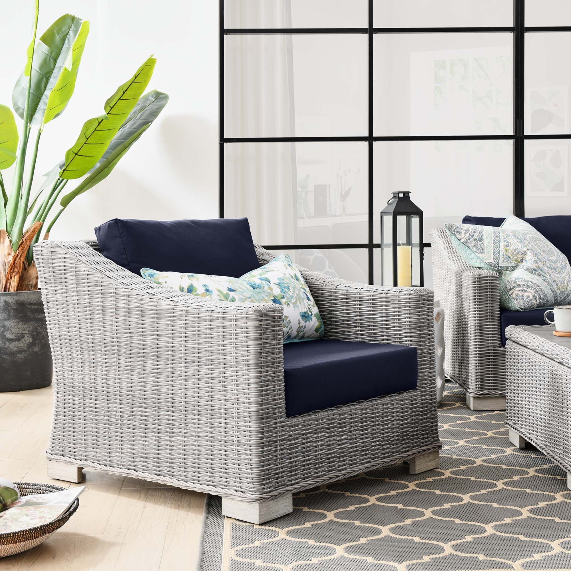 Conway Outdoor Patio Wicker Rattan Armchair, Light Gray Navy