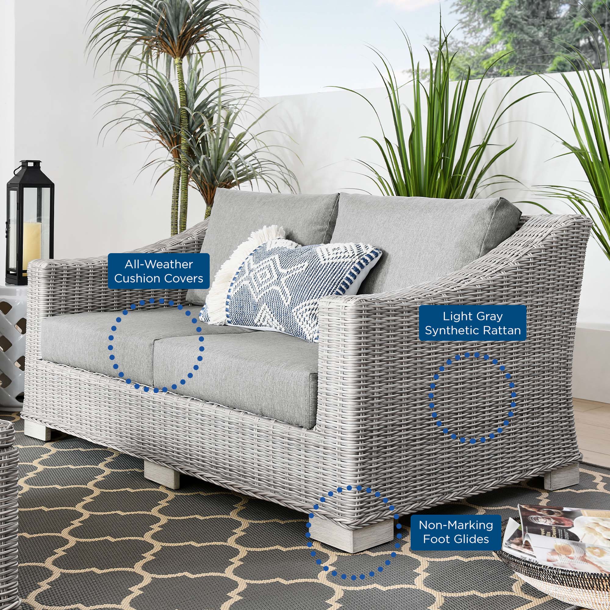 Conway Outdoor Patio Wicker Rattan Loveseat, Light Gray Gray