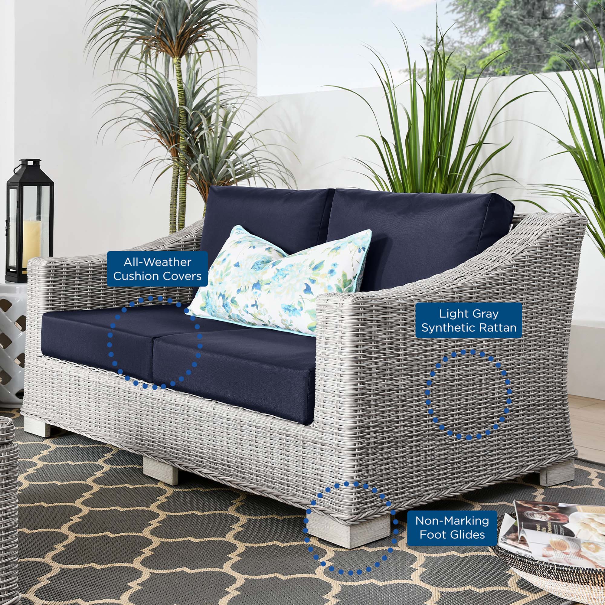 Conway Outdoor Patio Wicker Rattan Loveseat, Light Gray Navy