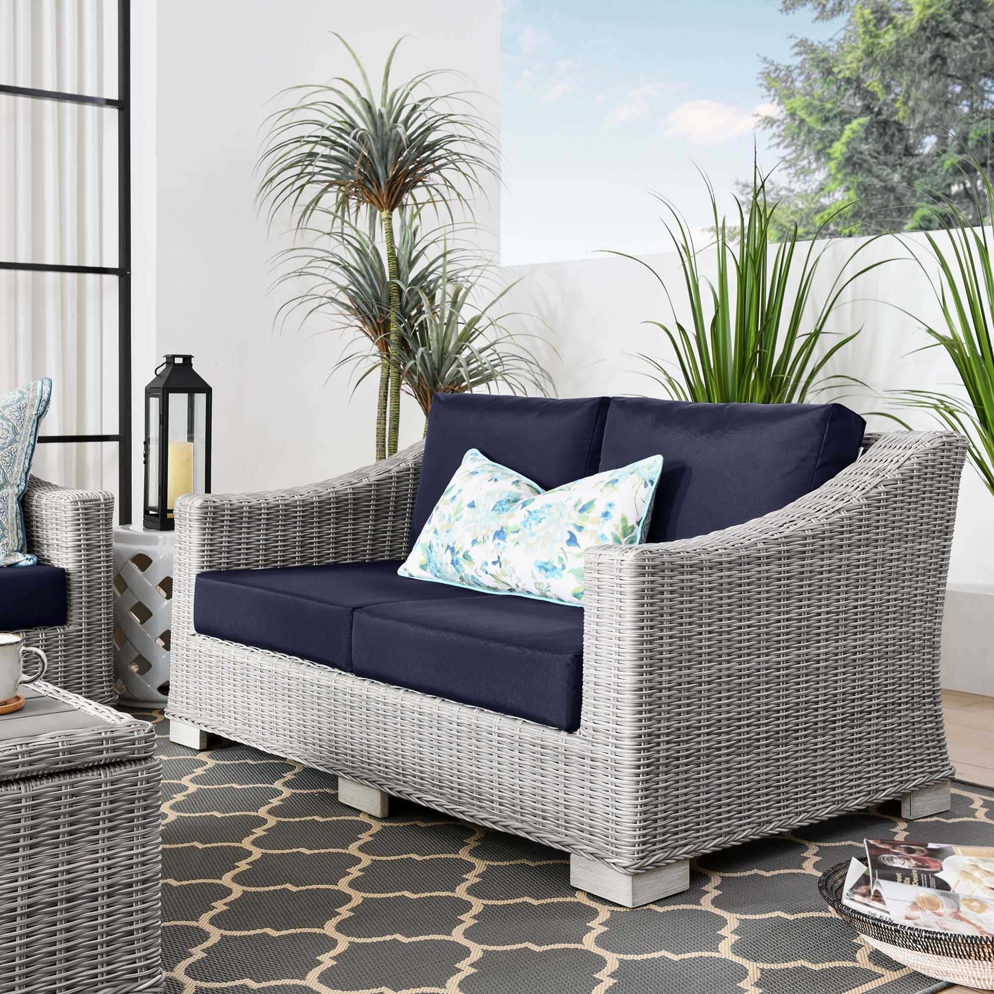 Conway Outdoor Patio Wicker Rattan Loveseat, Light Gray Navy