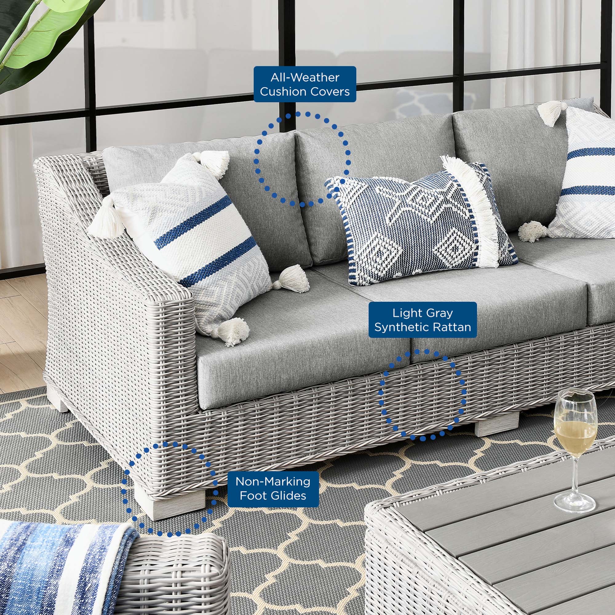 Conway Outdoor Patio Wicker Rattan Sofa, Light Gray Gray