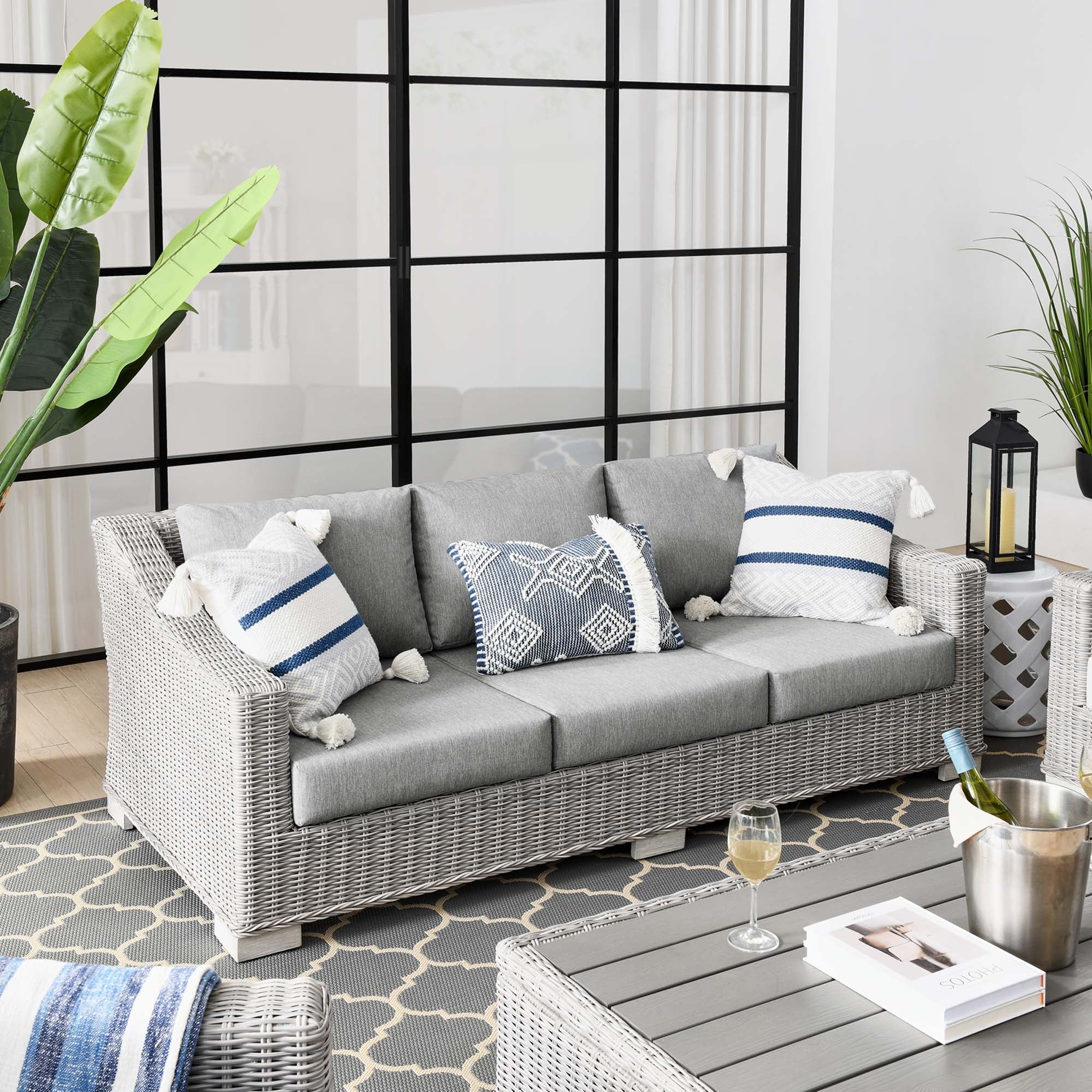 Conway Outdoor Patio Wicker Rattan Sofa, Light Gray Gray