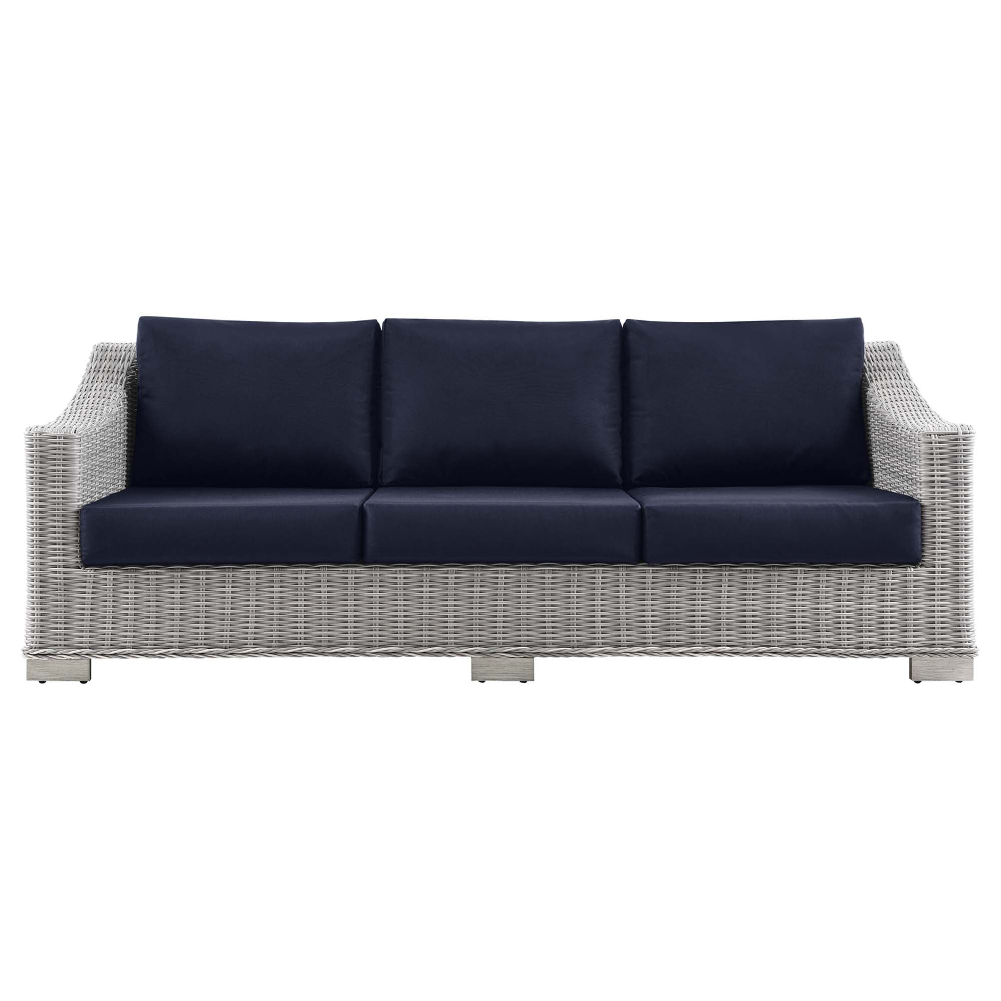 Conway Outdoor Patio Wicker Rattan Sofa, Light Gray Navy