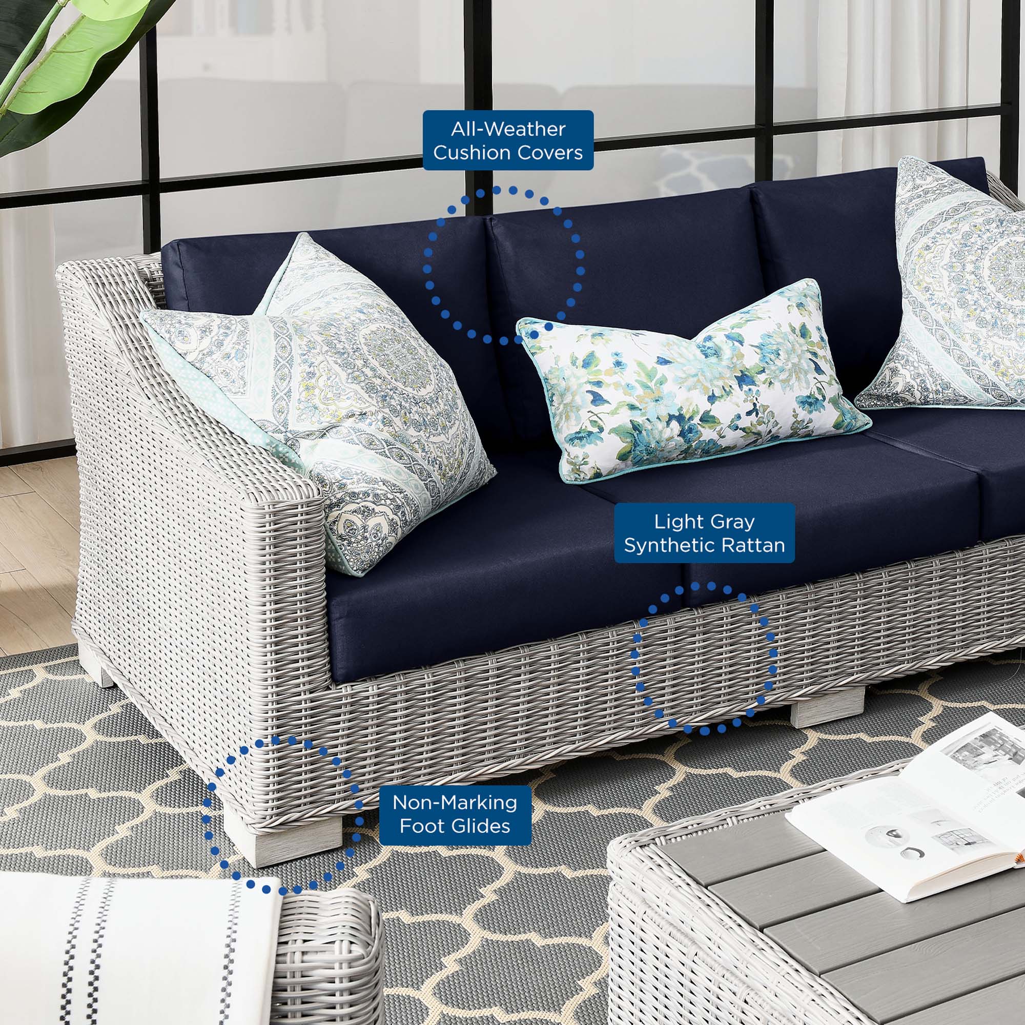 Conway Outdoor Patio Wicker Rattan Sofa, Light Gray Navy