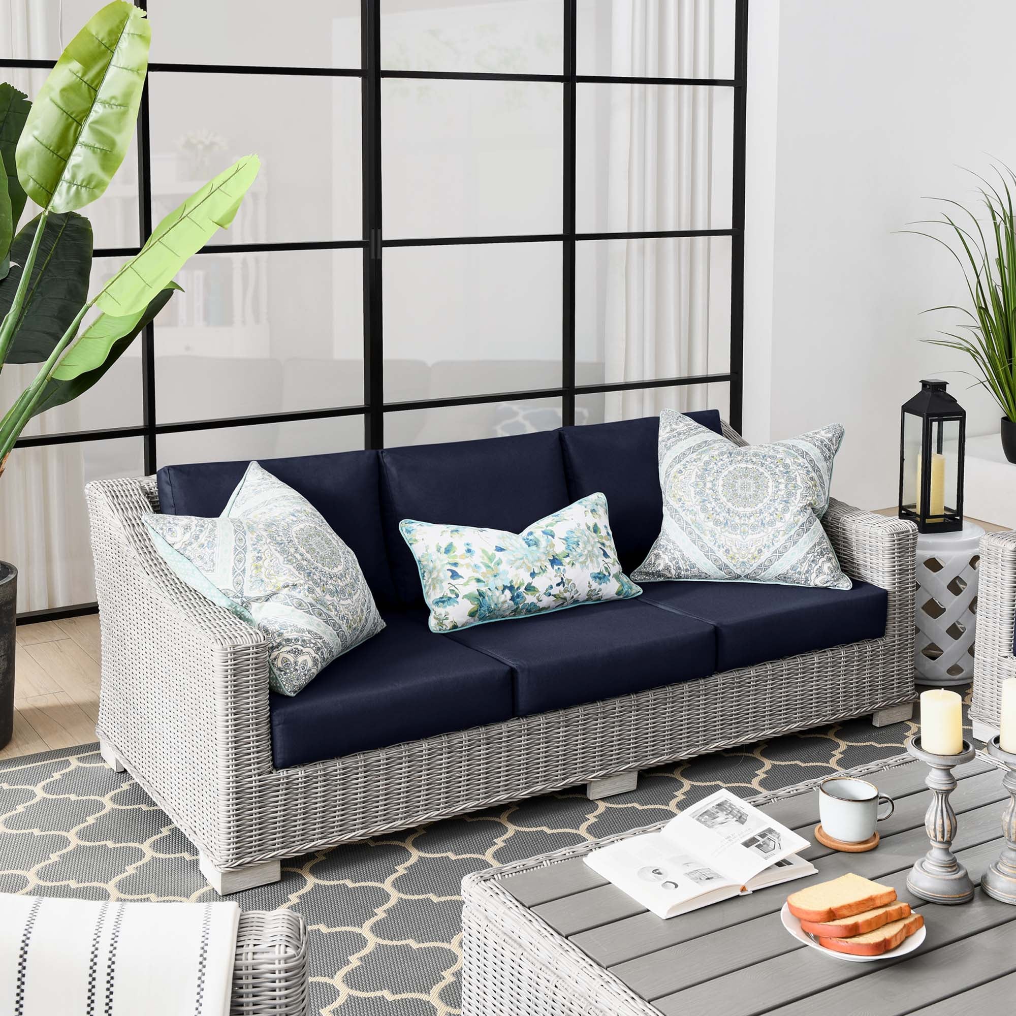 Conway Outdoor Patio Wicker Rattan Sofa, Light Gray Navy