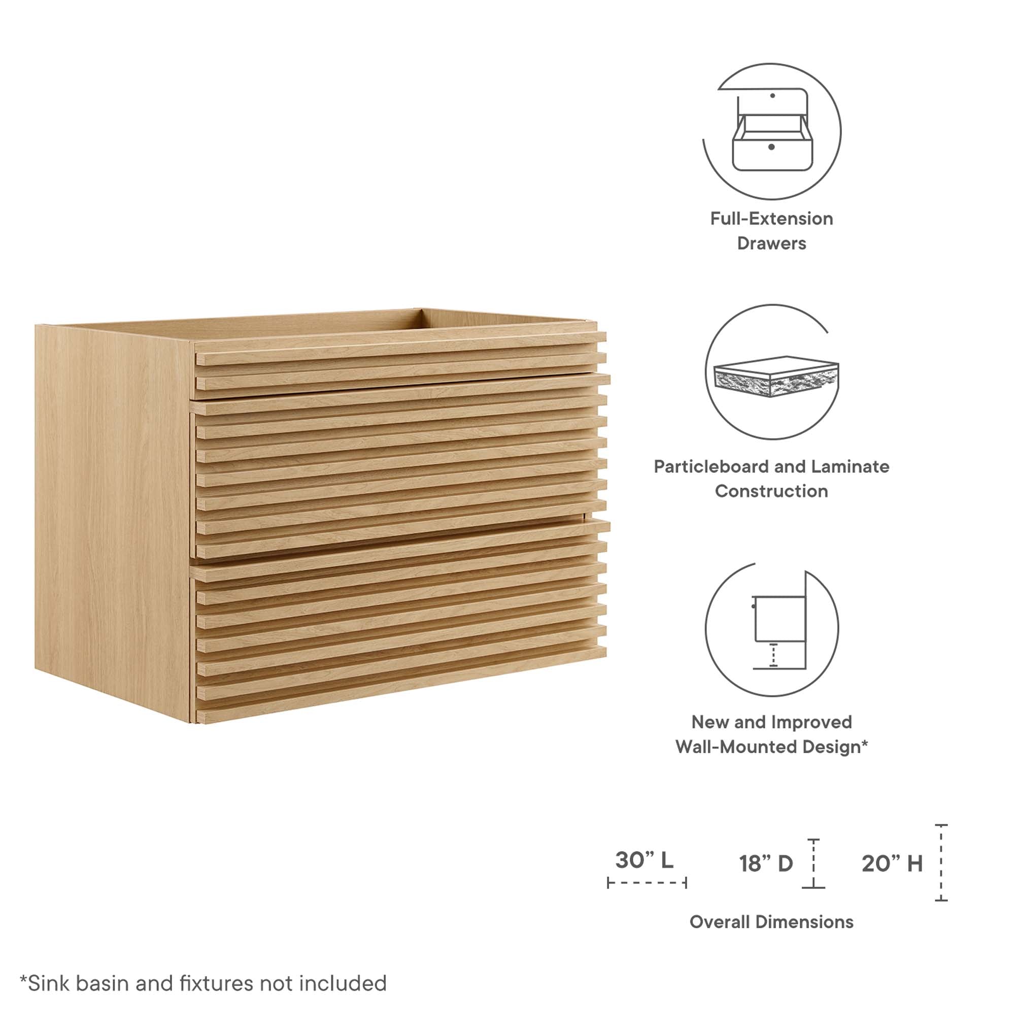 Render 30" Wall-Mount Bathroom Vanity Cabinet (Sink Basin Not Included), Oak
